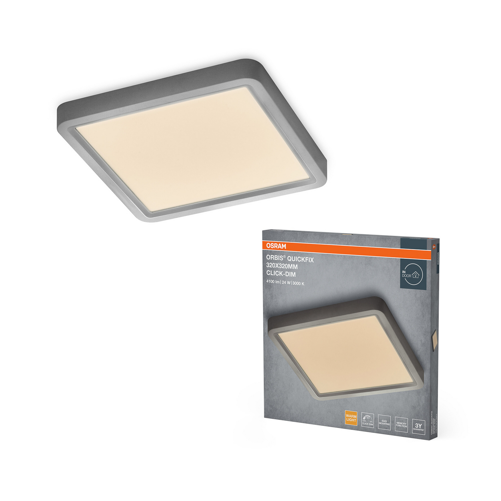 Φωτιστικό οροφής LED OSRAM ORBIS QUICKFIX 32x32 εκ. ασημί, clickdim Φωτιστικό οροφής LED OSRAM ORBIS QUICKFIX 32x32 εκ. ασημί, clickdim