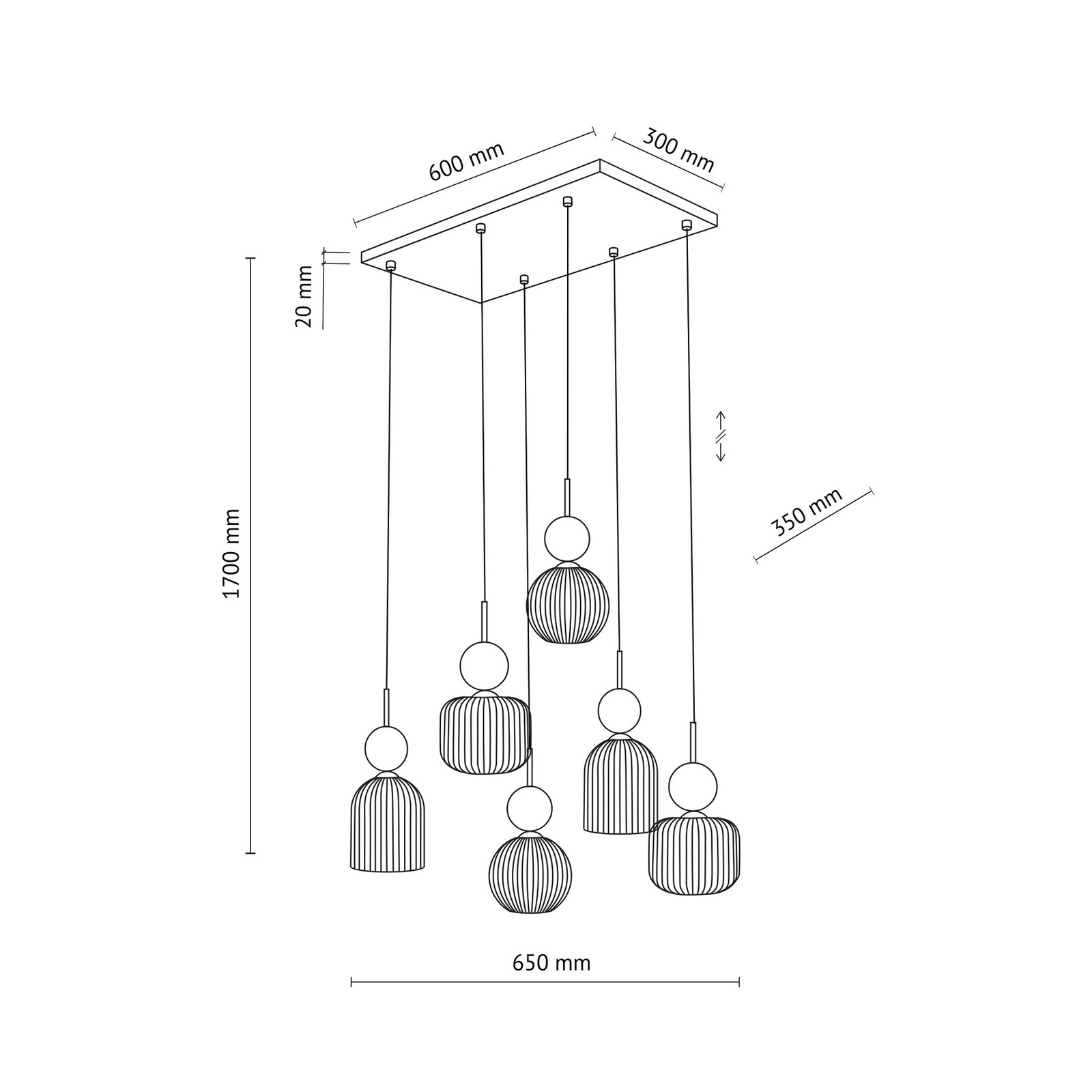 Hanglamp Sophia, 6-lamps, 65 cm, cognac/zwart, E14