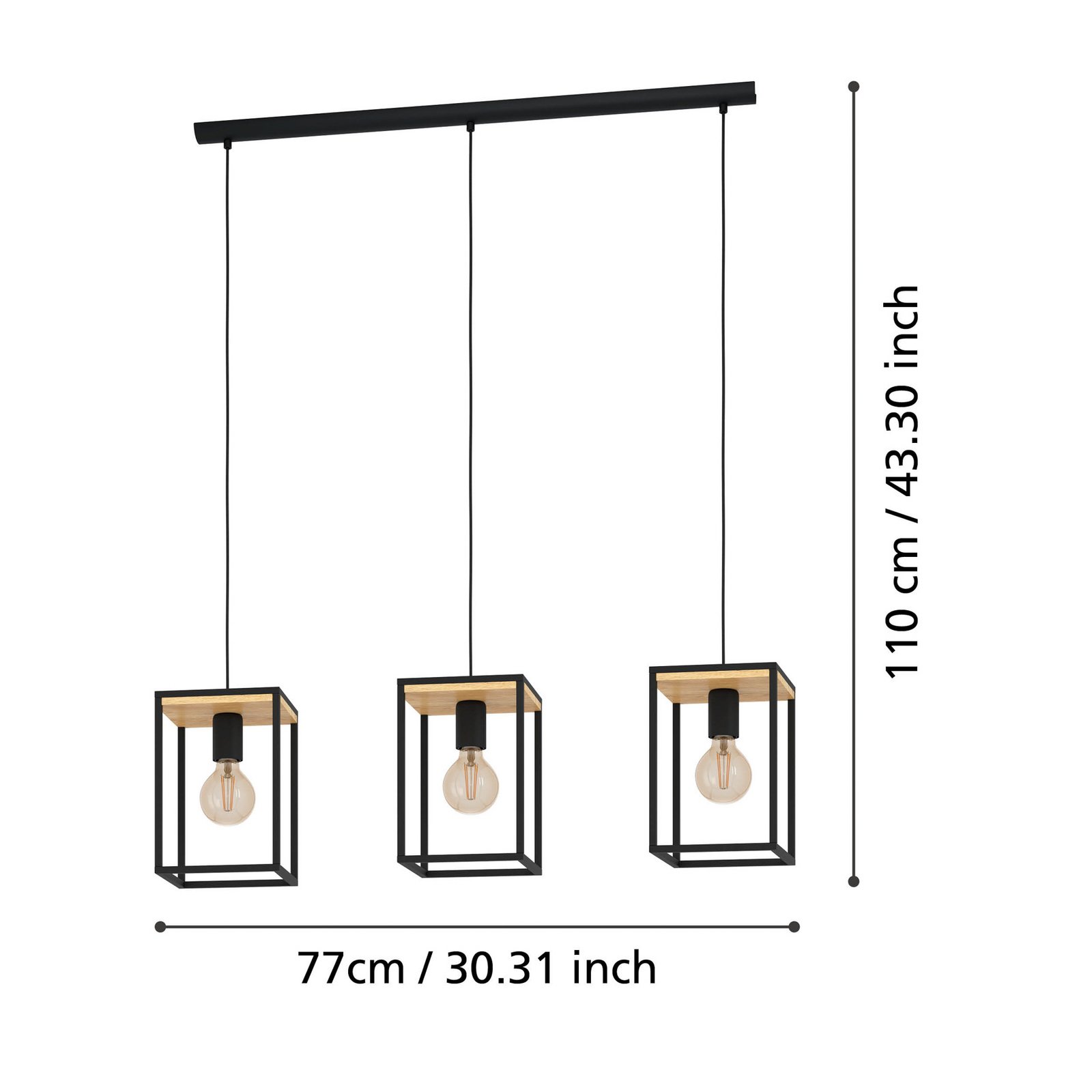 Suspension Libertad, longueur 88 cm, noir/bois, 3 lampes