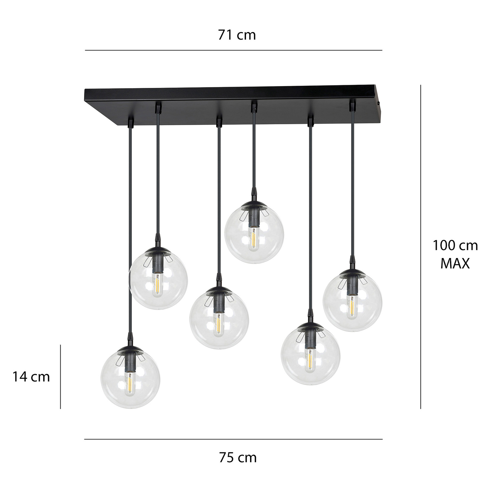 Glasachtige hanglamp 6-lamps recht helder glas