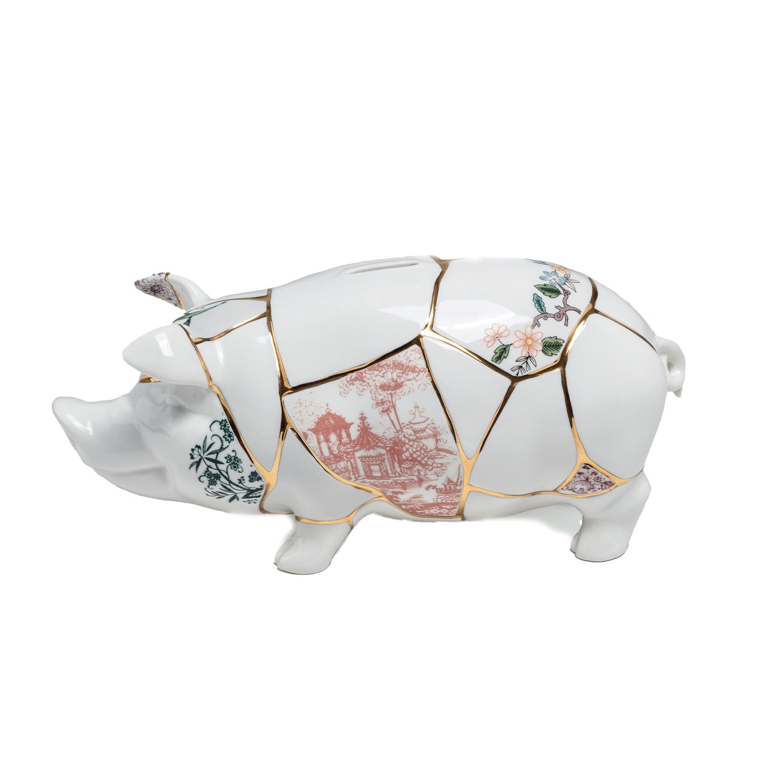 SELETTI Sparschwein Kintsugi, weiß / bunt, Porzellan, Gold