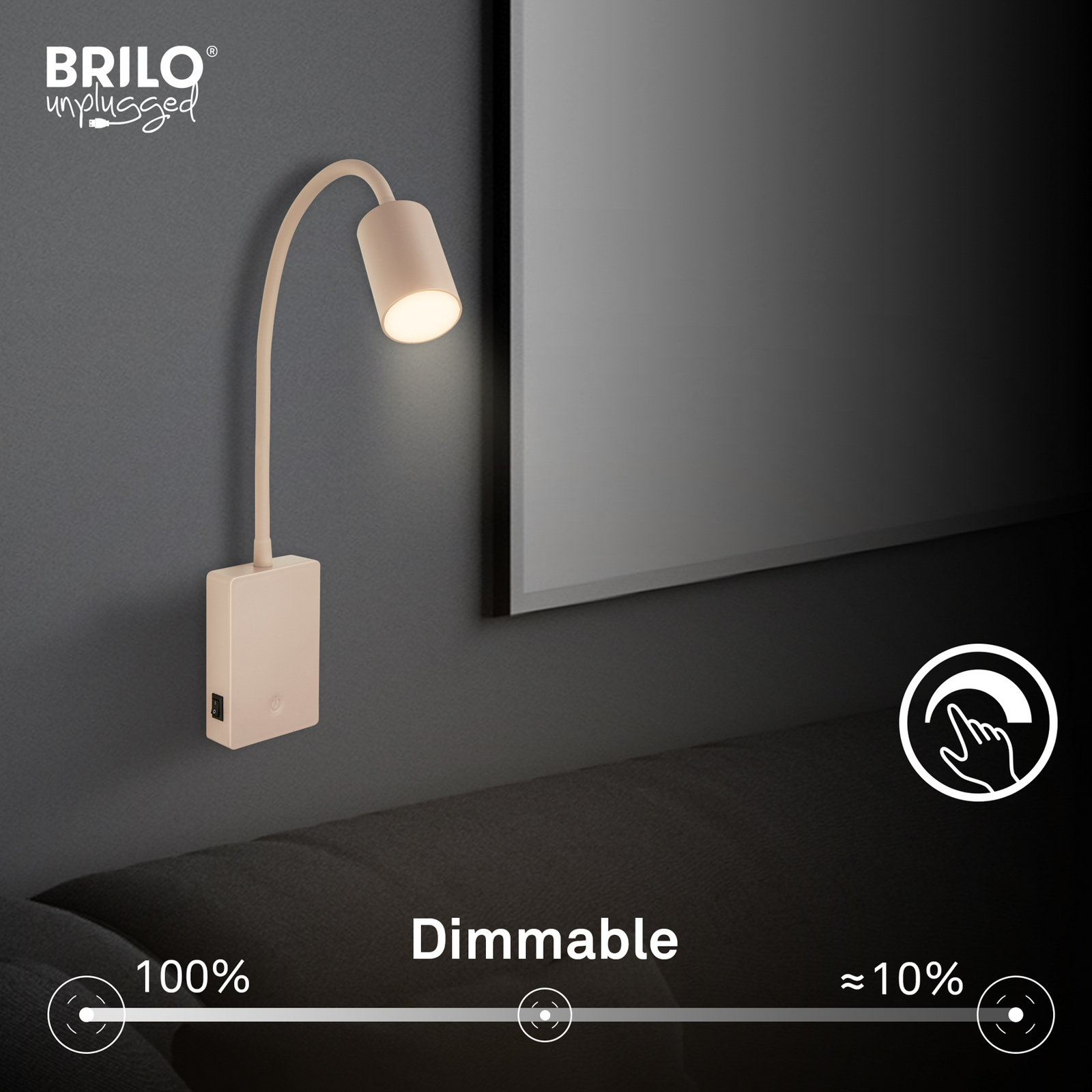 LED-läslampa med batteri Brilo unplugged Smooth, beige, med dimmer LED-läslampa med batteri Brilo unplugged Smooth, beige, med dimmer