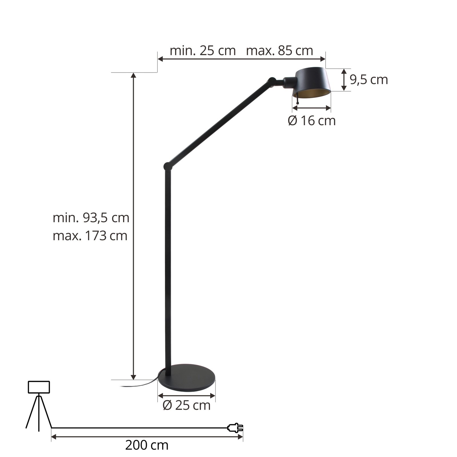 Lucande Silka stojací lampa, výška 173 cm, nastavitelná, černá