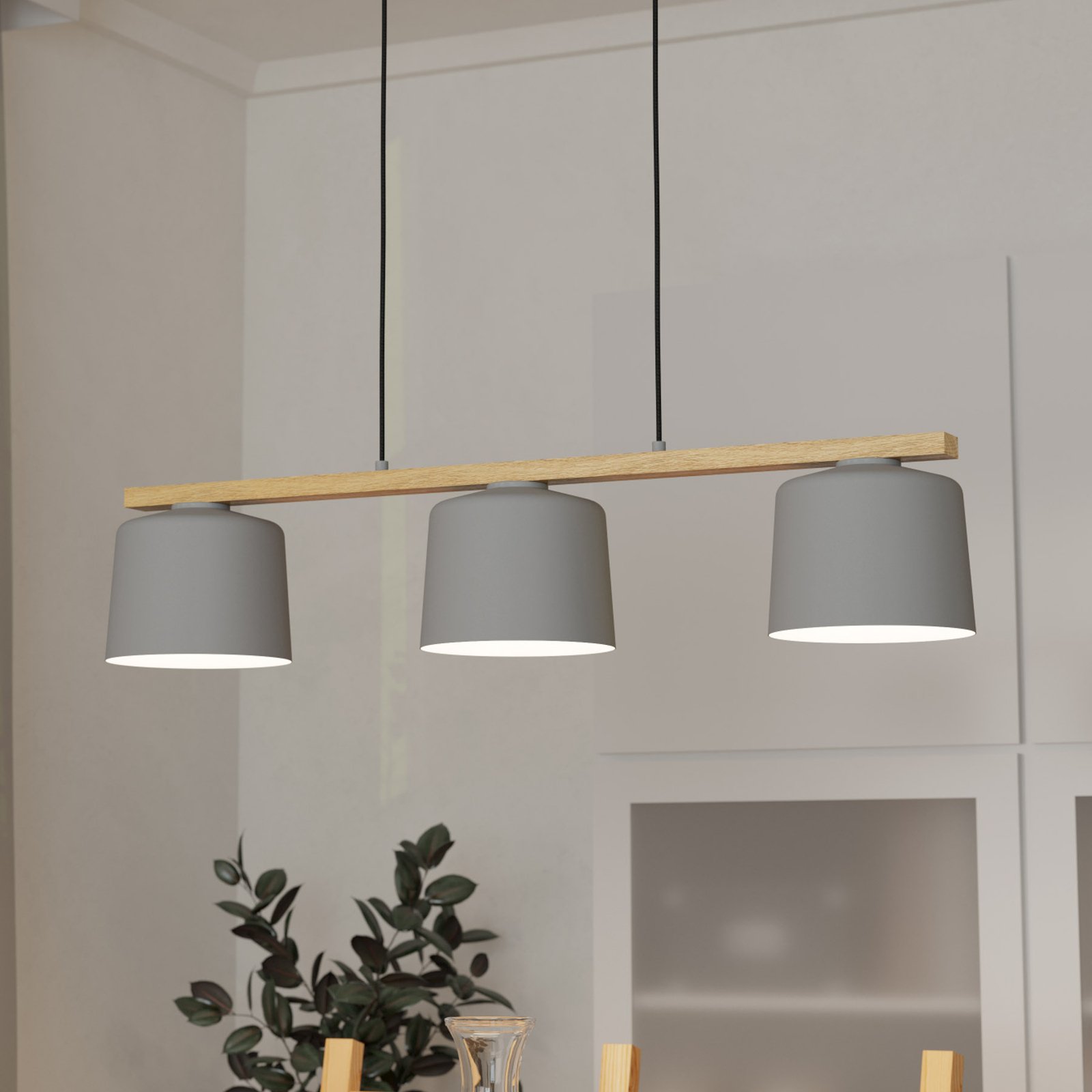 Mariel 3-lamps hanglamp lichtgrijs Natur hout
