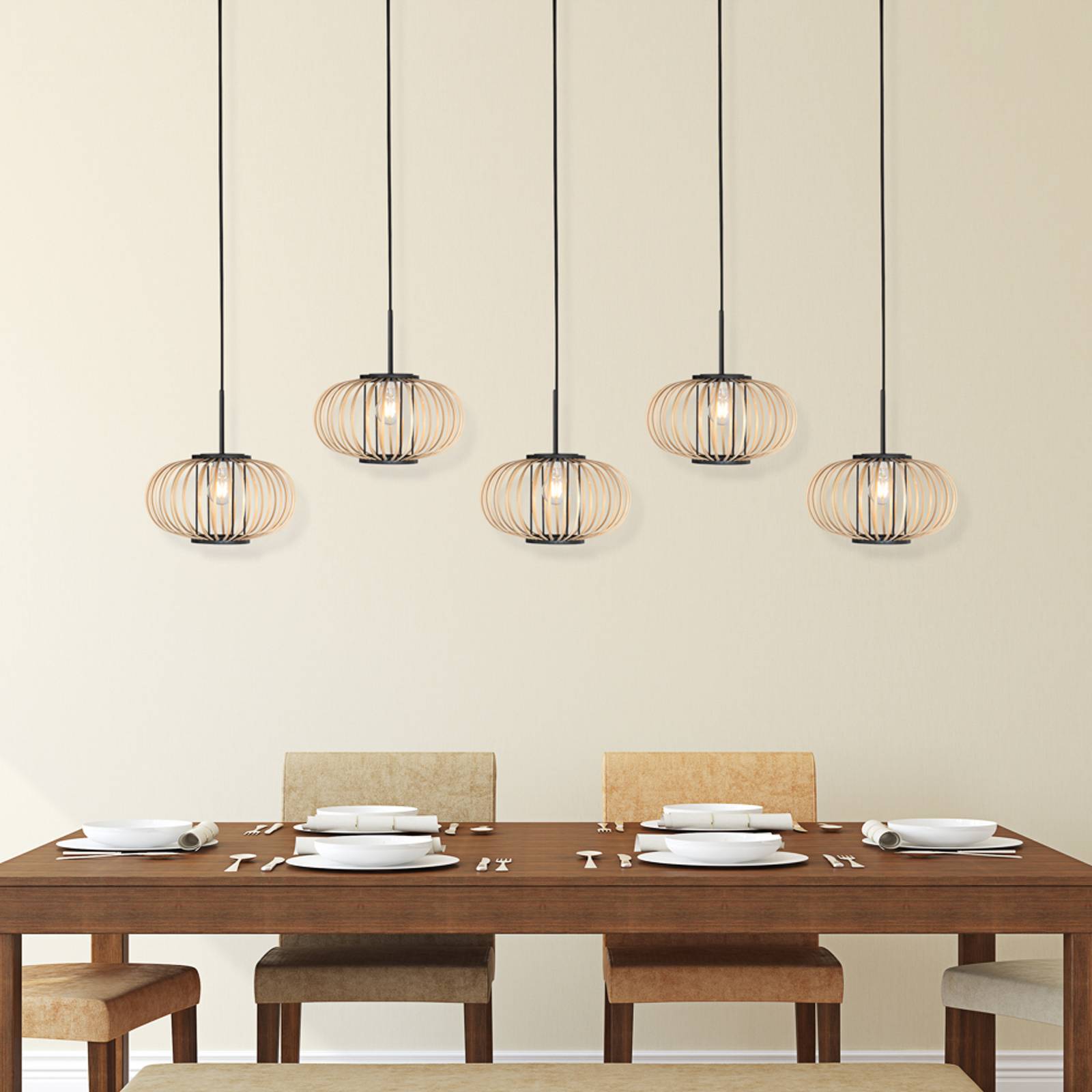 Anne Light Suspension Silva, à 5 lampes, longue, noire, tiges en bambou