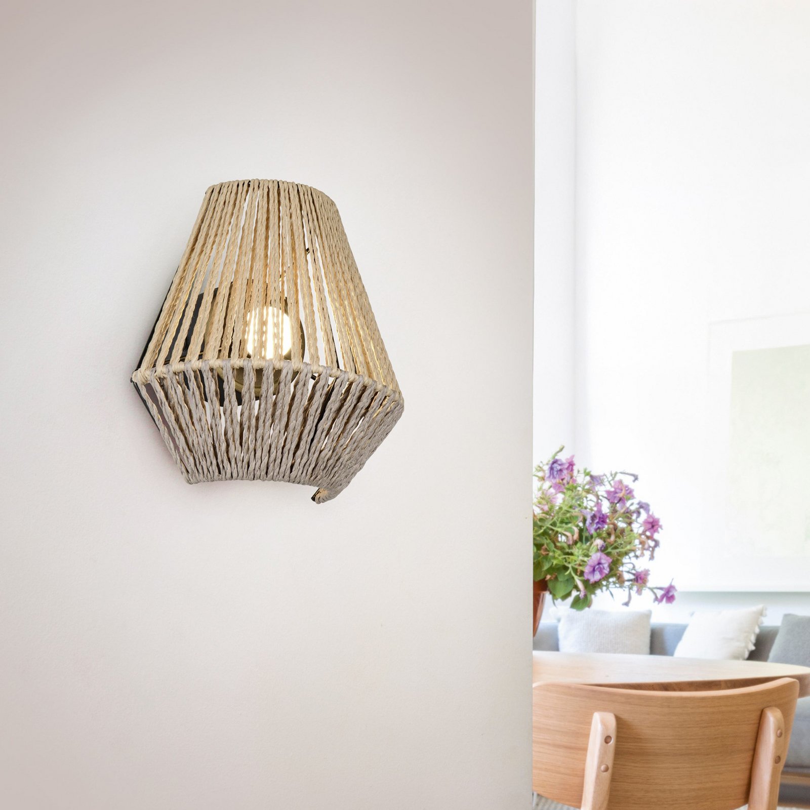 LED battery-powered wall light Lira, brown, paper yarn, touch, H 19 cm