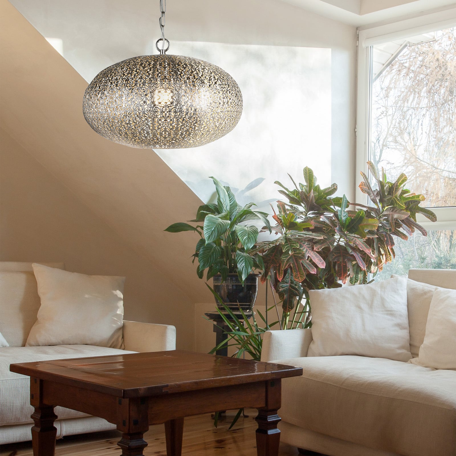 Searchlight Lampă suspendată Fretwork crom mat metal Ø 39 cm E27 - Camera de zi / sufragerie - Marocan / Oriental