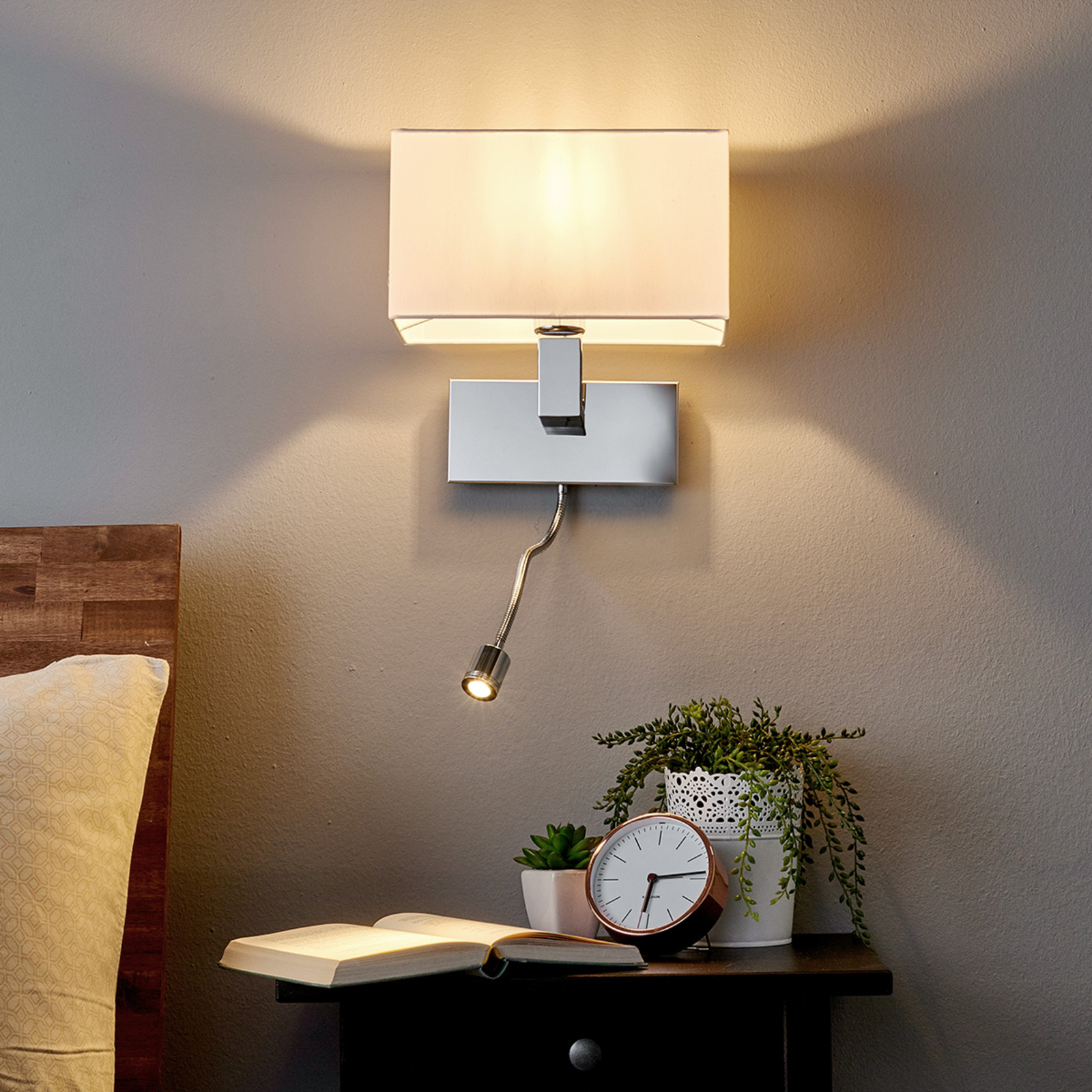 Lucande Tamara wall light, white, switch, LED flex arm