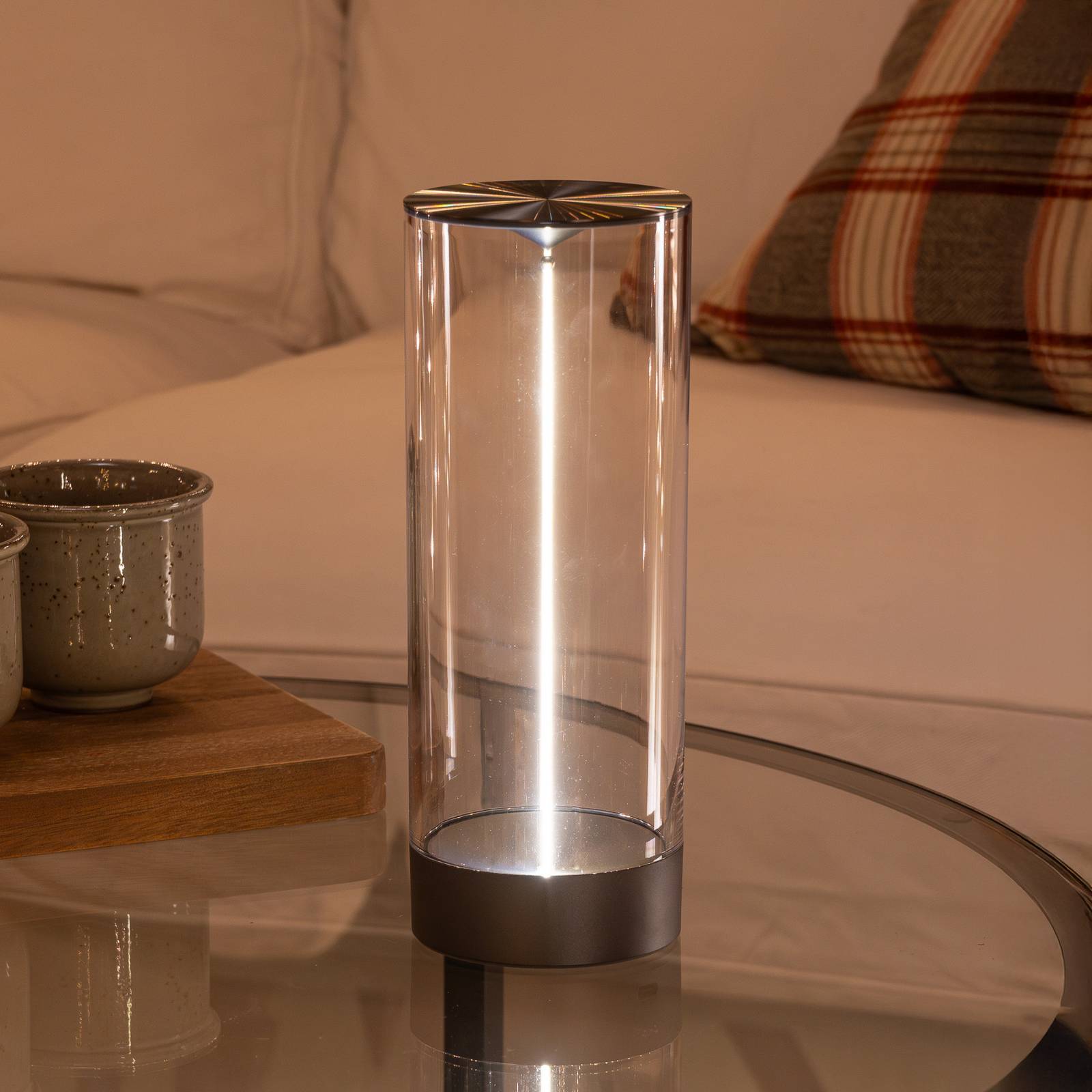 Konstsmide Lampe à poser LED rechargeable Edison, hauteur 24 cm, gris/transparent, IP54