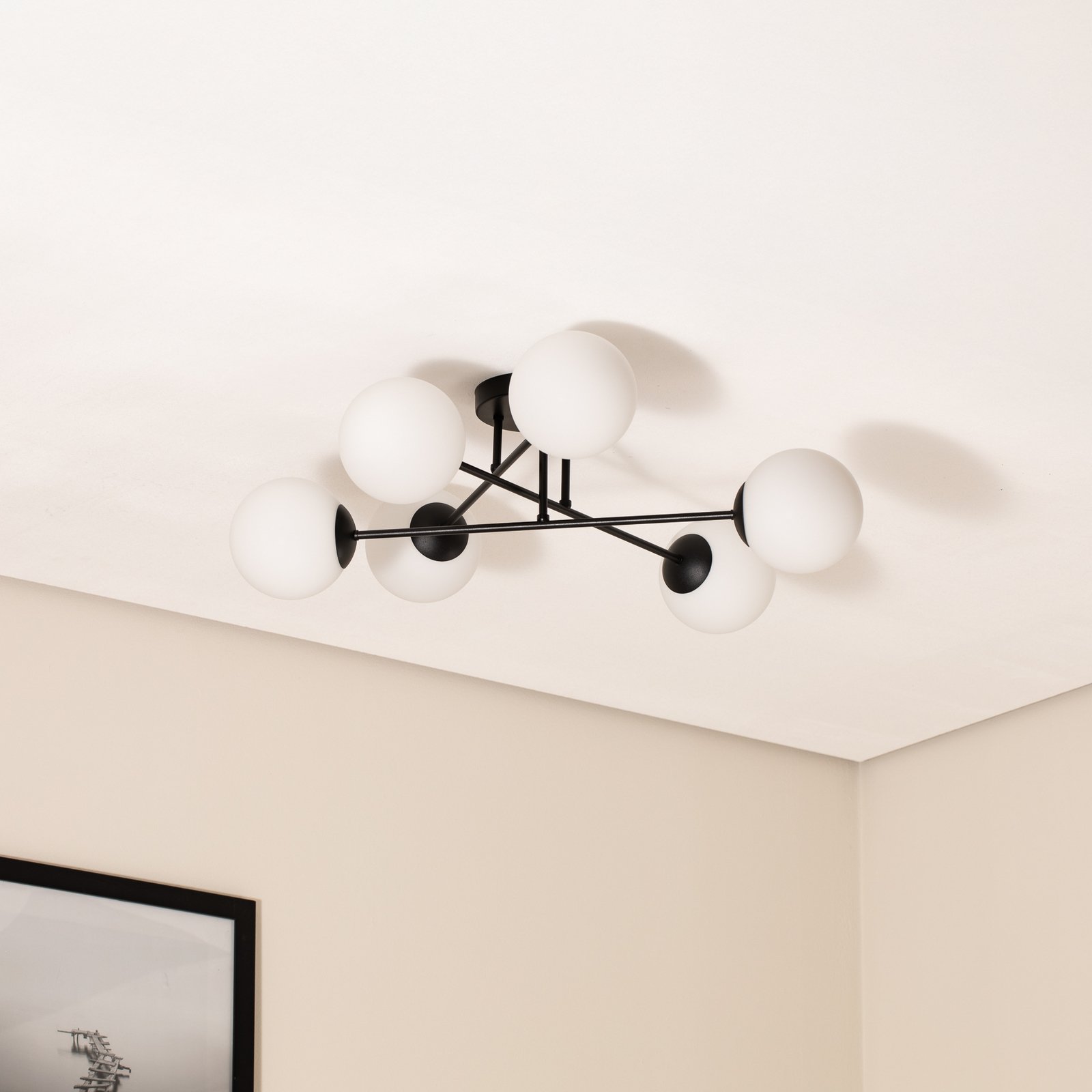 Glassy ceiling light, 6-bulb, black/opal