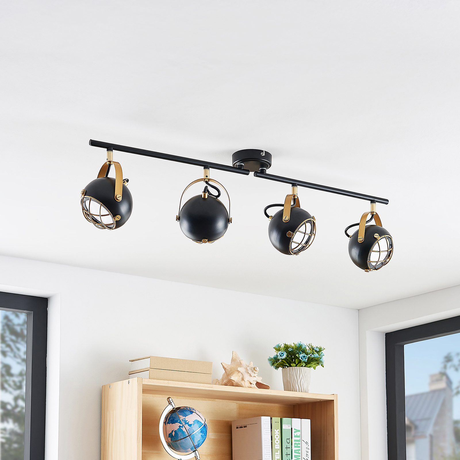 Lindby Dawid LED ceiling light in gold, 4-bulb, for Living / Dining Room, metal, GU10, 5 W, energy efficiency: A+, L: 79.5 cm, W: 12.6 cm, H: 22 cm