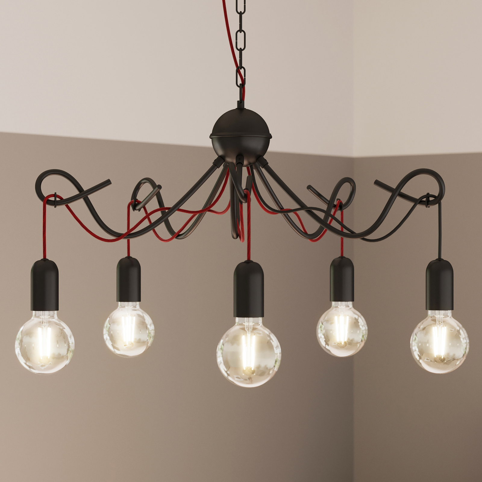 Lucande Jorna hanglamp, 5-lamps, kabel rood