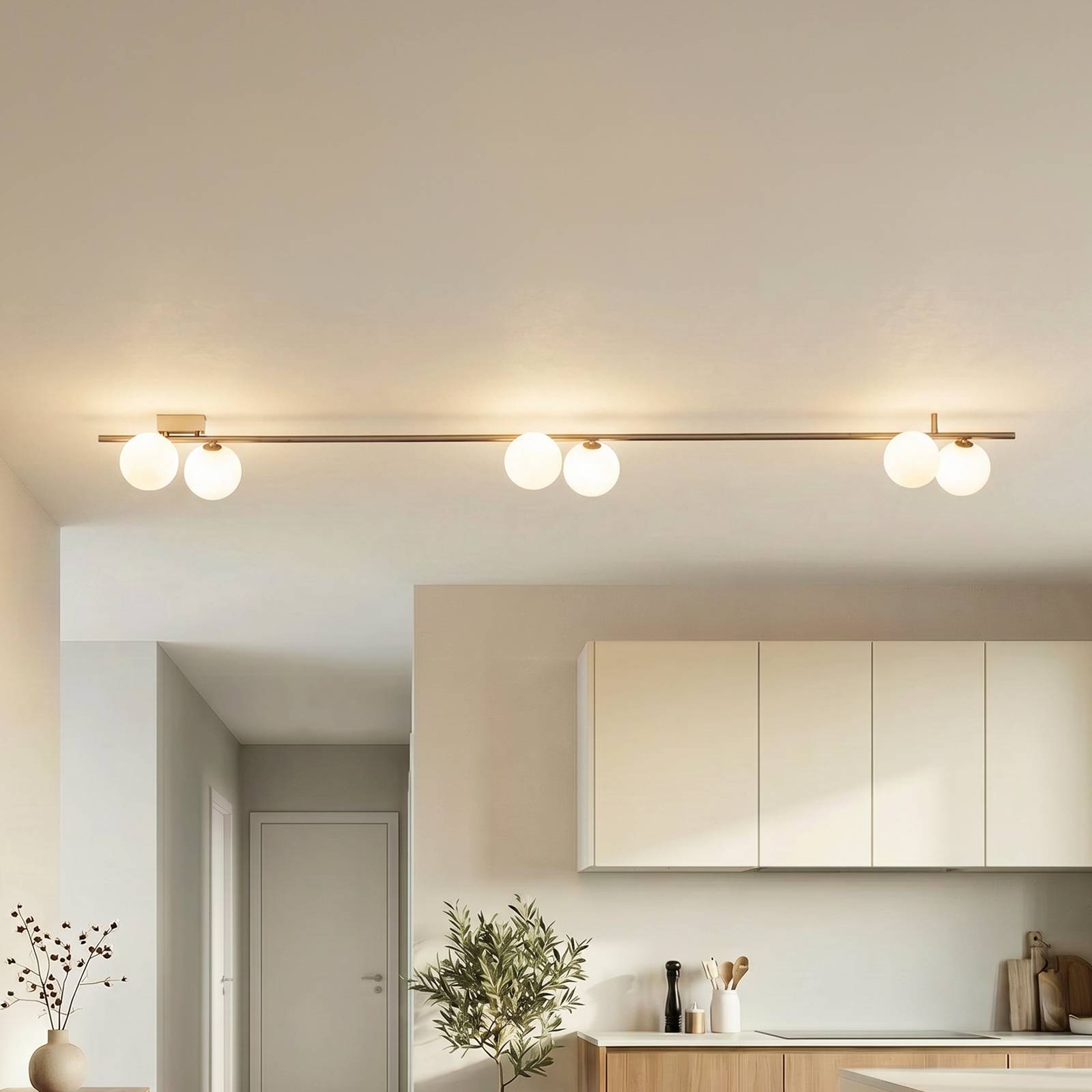 TK Lighting Plafonnier Imelo, marron, à 6 lampes, verre, longueur 200 cm