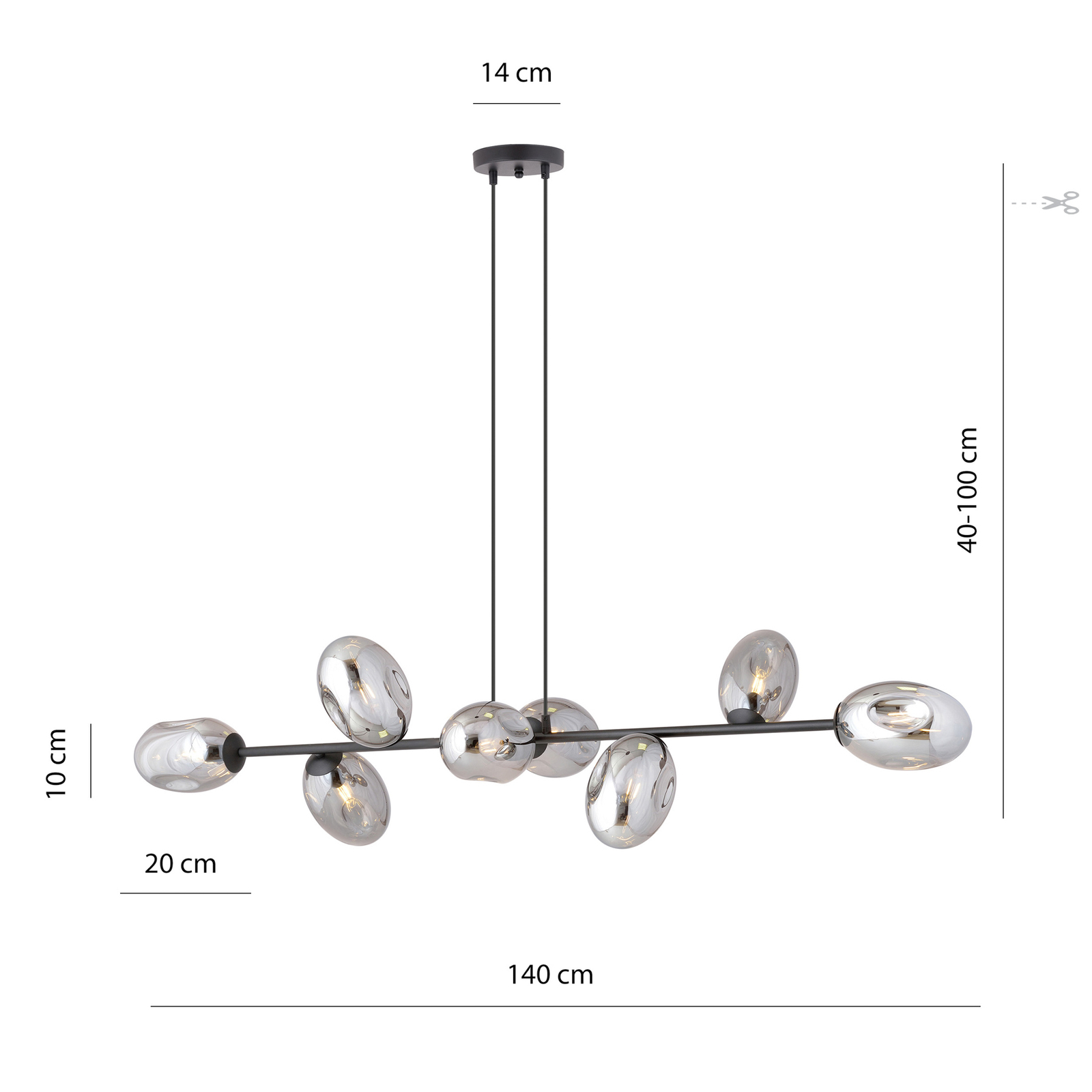 Glassy hanglamp, 8-lamps, ovaal glas, grafiet