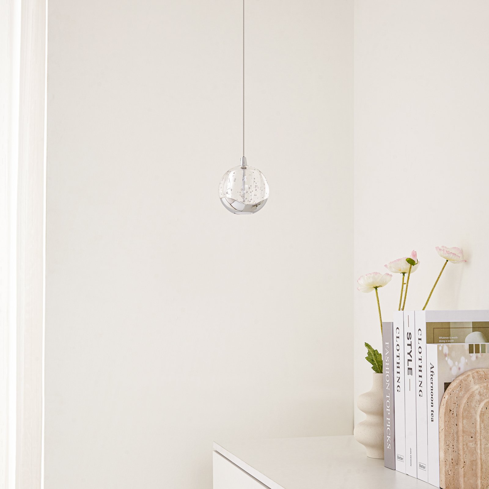 Lucande LED hanging light Hayley, Ø 9 cm, chrome-coloured, glass