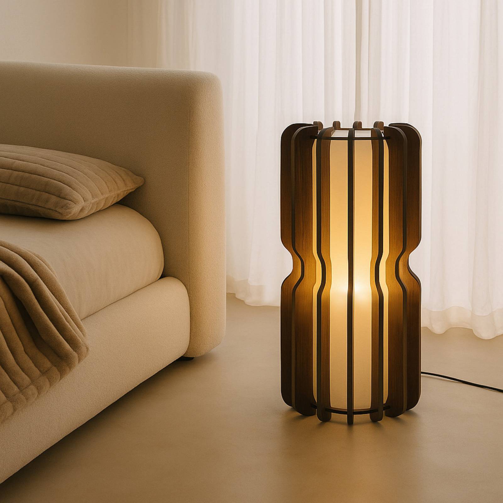 Lucande Stehleuchte Juneta, 75 cm, braun, Holz, Textil günstig online kaufen