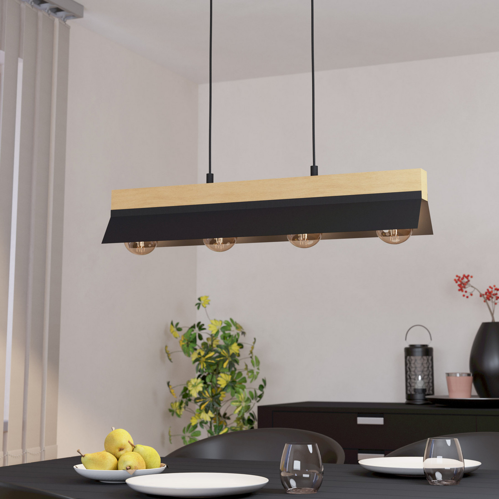 EGLO Lampă suspendată Tarrafo negru lemn natural 4 lumini - Camera de zi / sufragerie - modern - negru lemn deschis - Metal
