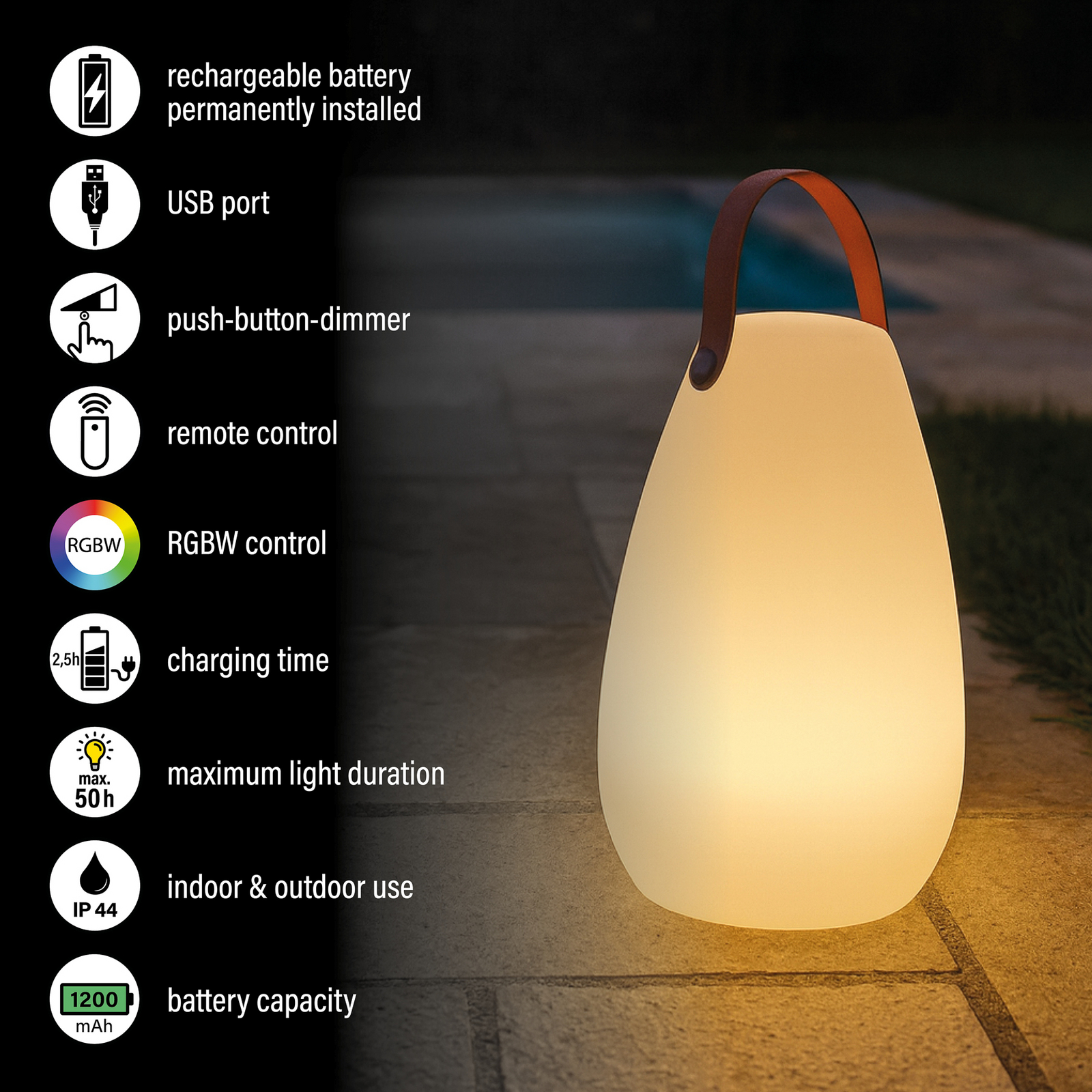 LED-Akku-Tischleuchte Ruby, Ø 18 cm, weiß, IP44, RGB dimmbar