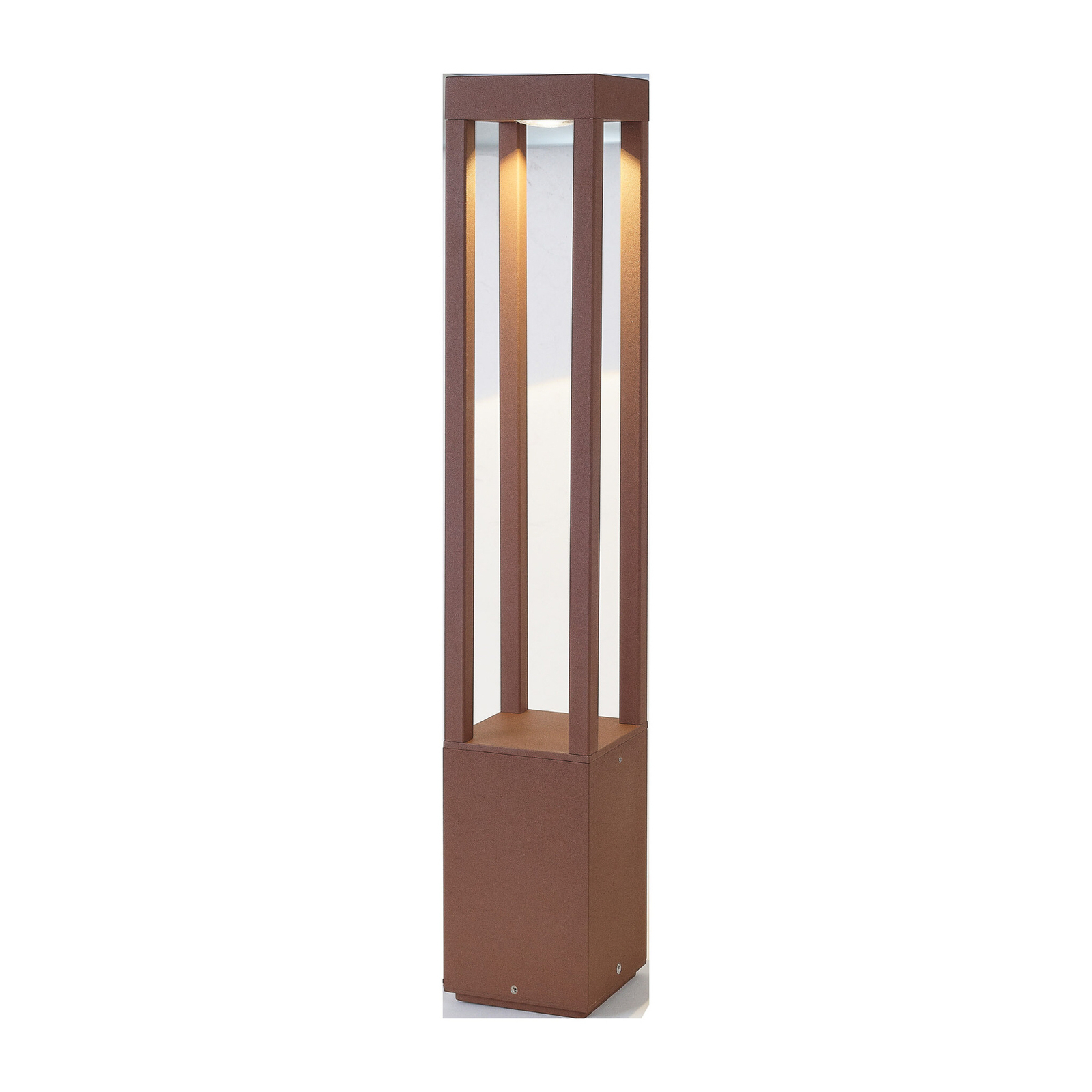 Borne lumineuse LED Agra, brun rouille, aluminium/verre, hauteur 65 cm