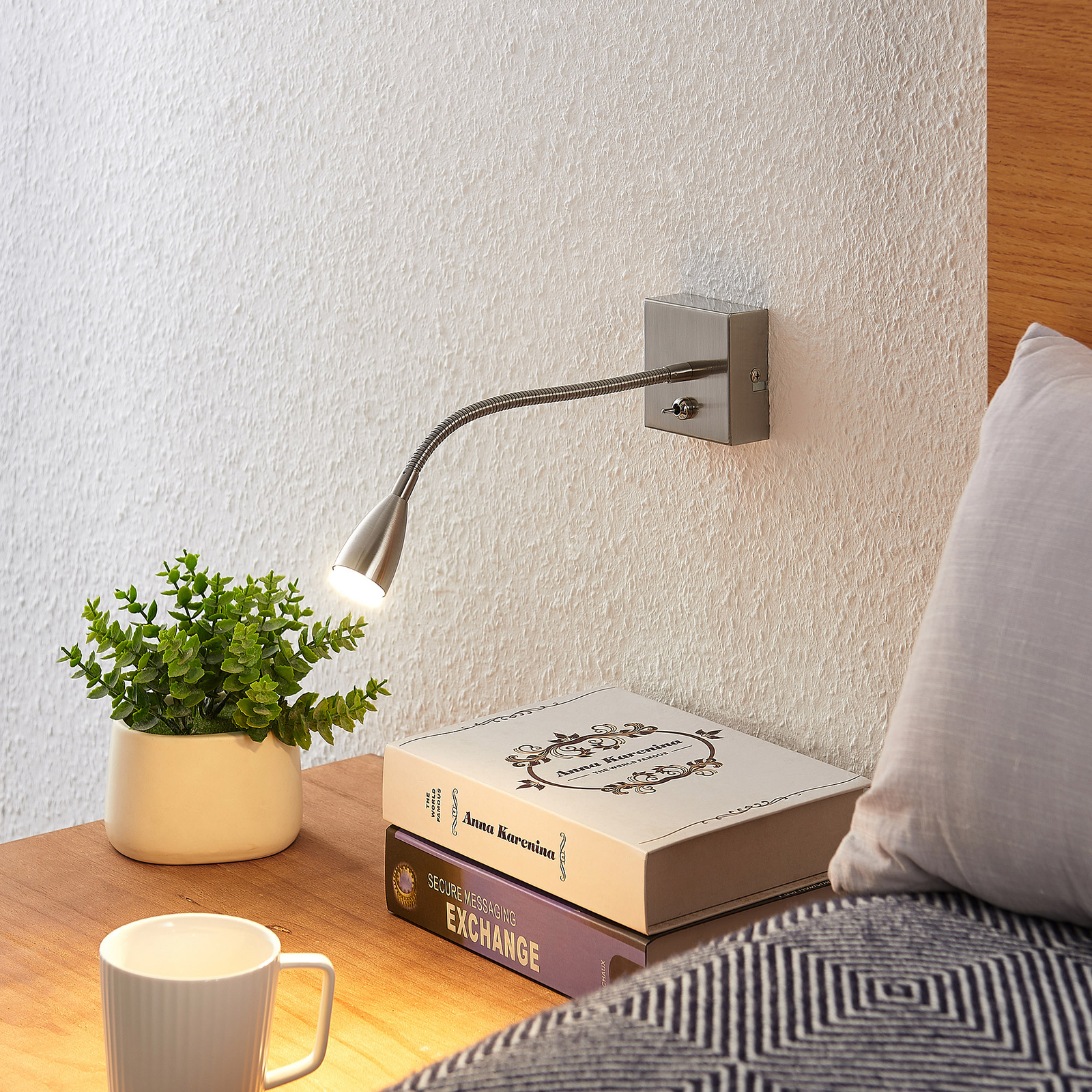 Lindby Jolka LED reading light, satin nickel, for Bedroom, iron, plastic, 3.2 W, energy efficiency: A+, W: 7 cm, H: 7 cm