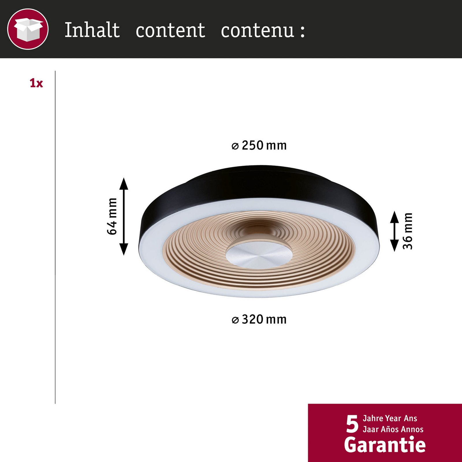 Plafoniera LED Paulmann Volea nero/oro Ø 32 cm IP44 dimmerabile