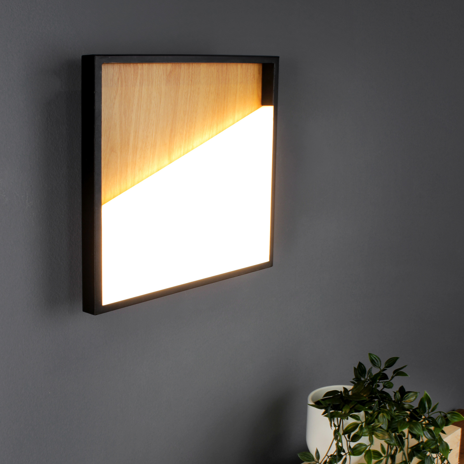 LED-Wandleuchte Vista, holz hell/schwarz, 40 x 40 cm