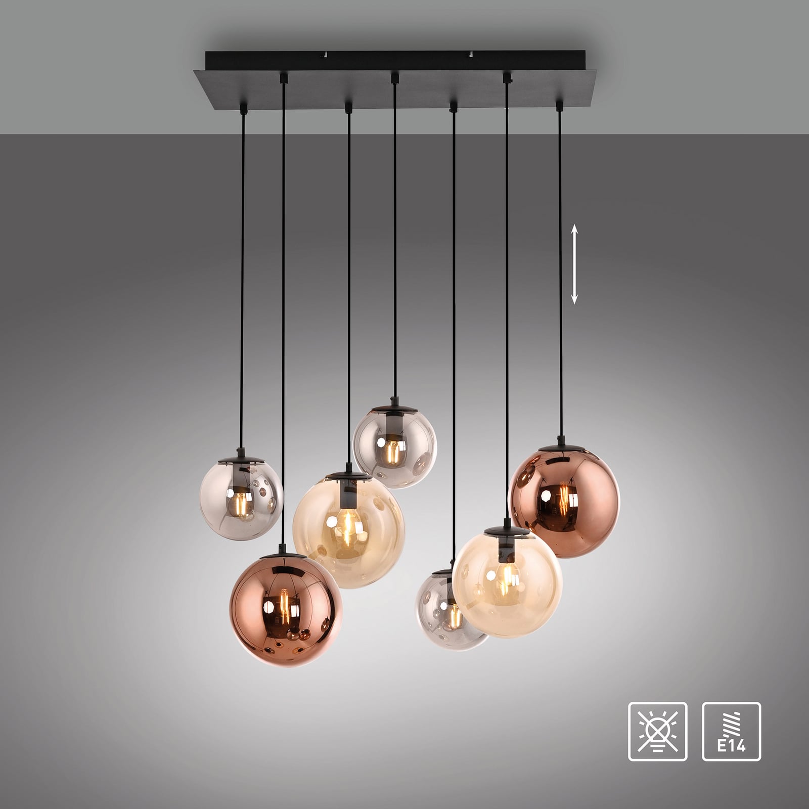 Shiny pendant light, 7-bulb, long, multicoloured, glass, E14