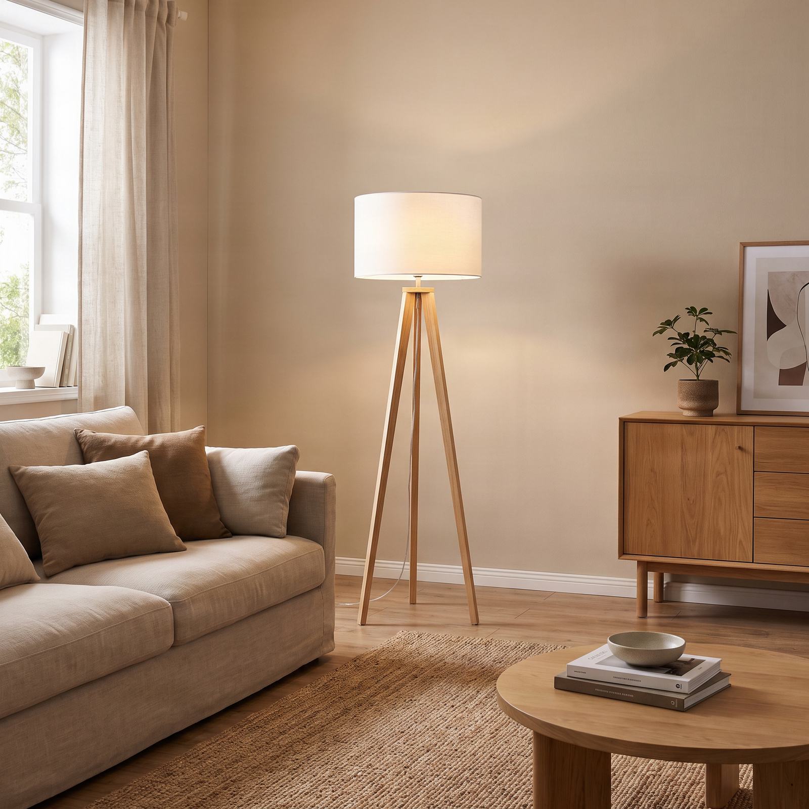 Lindby lampadar Charlia, alb, lemn, înălțime 150cm
