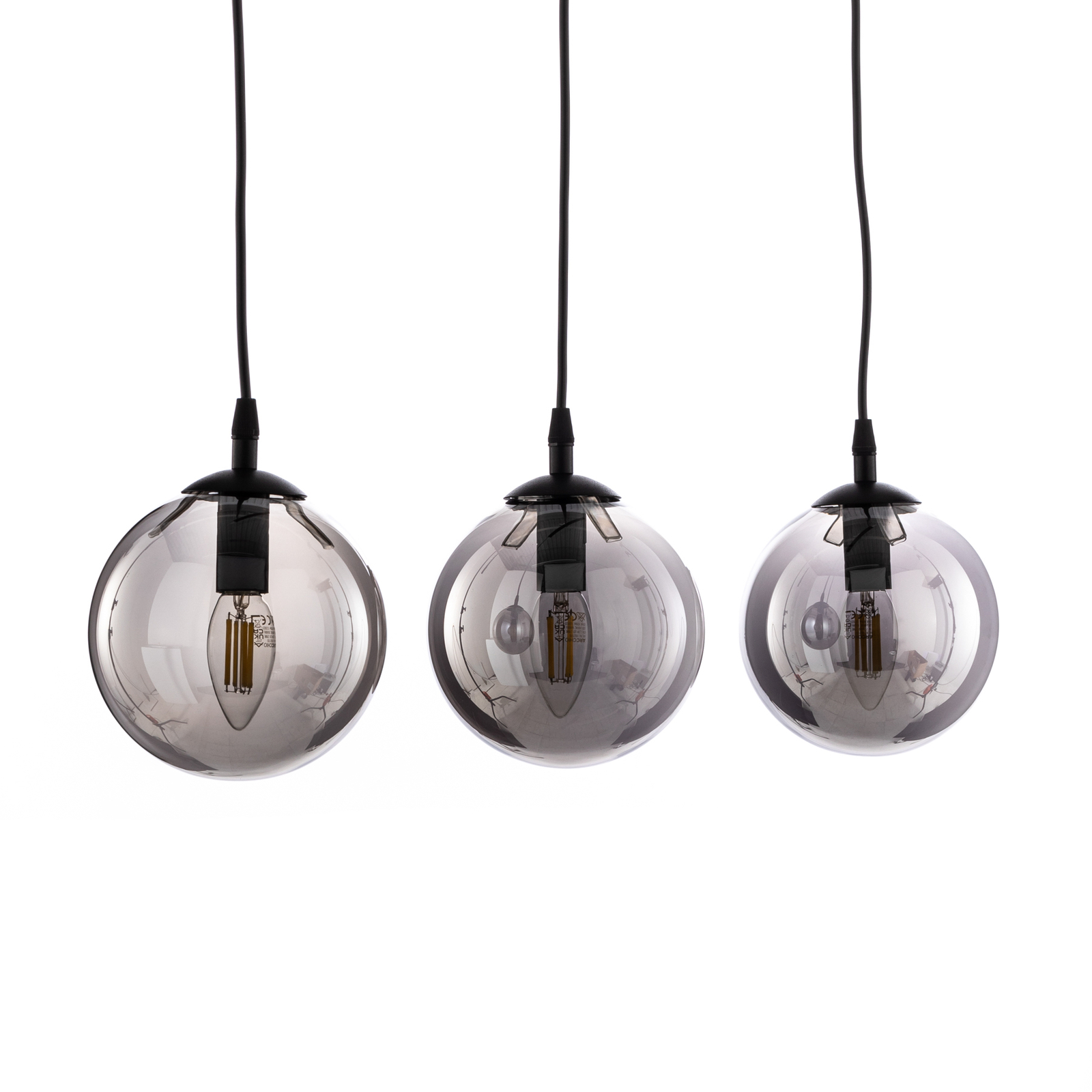 Glassy pendant light, 3-bulb, straight, black, graphite, glass