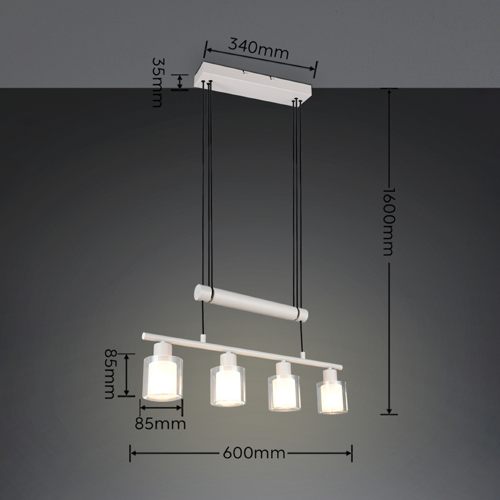 Hanglamp Neralo, 4-lamps, lichtgrijs, metaal, E14, verstelbaar