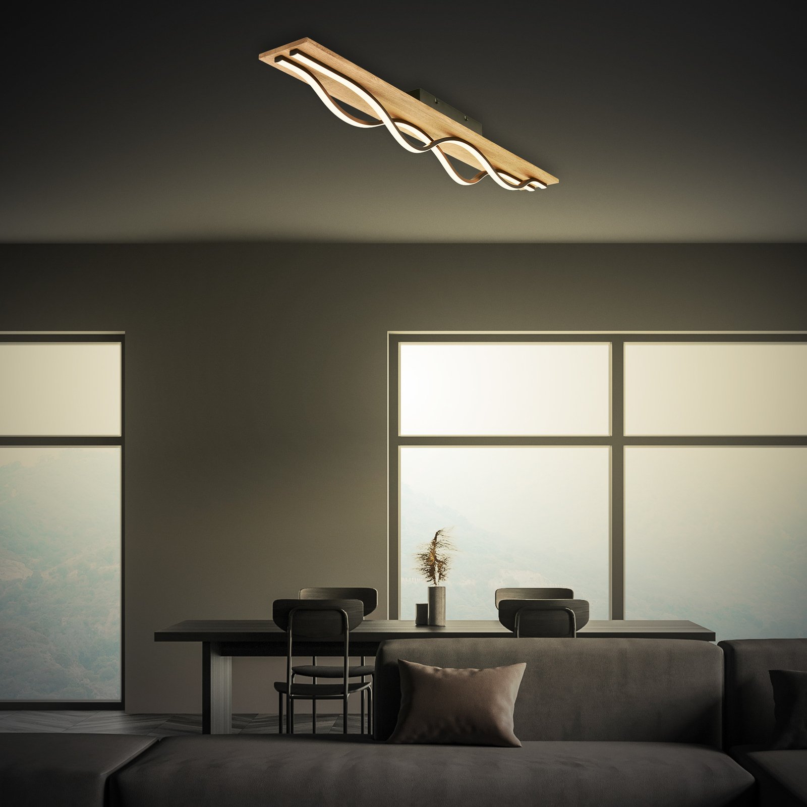 Plafonnier LED Vinka, 98x11 cm, à 2 lampes, couleur bois