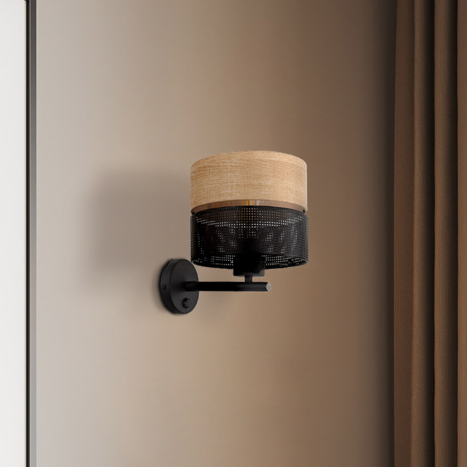 Nicol wall light, black, wood-effect, Ø 20 cm, 1 x E27