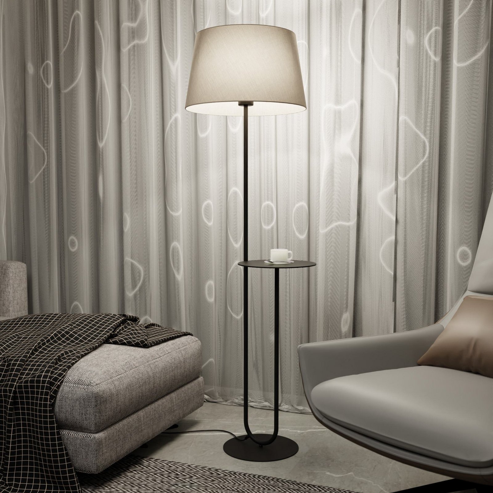 Podna lampa Hotel, bež/crna, visina 150 cm, tkanina/metal