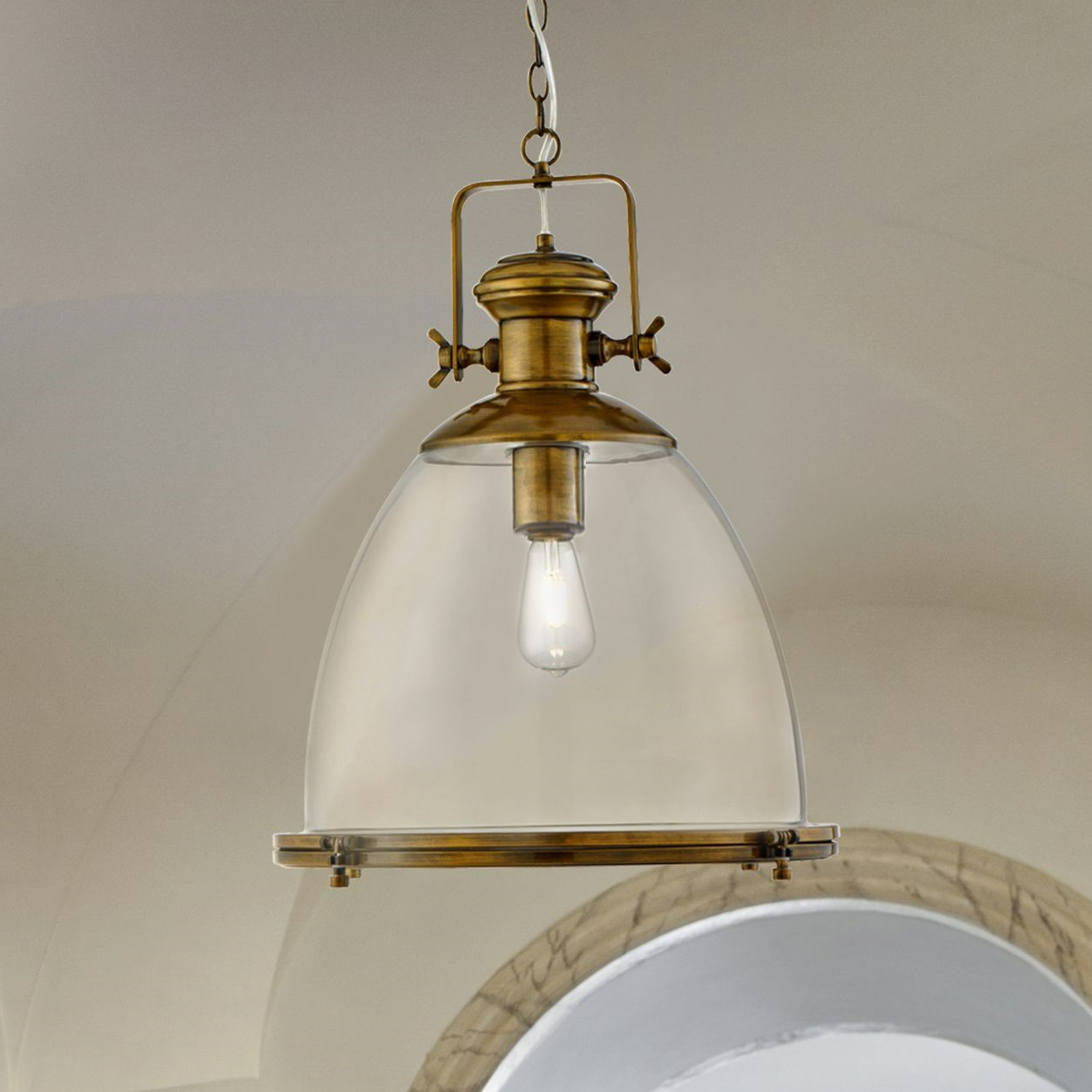 Industrial pendant light, brass-coloured/clear, glass, E27