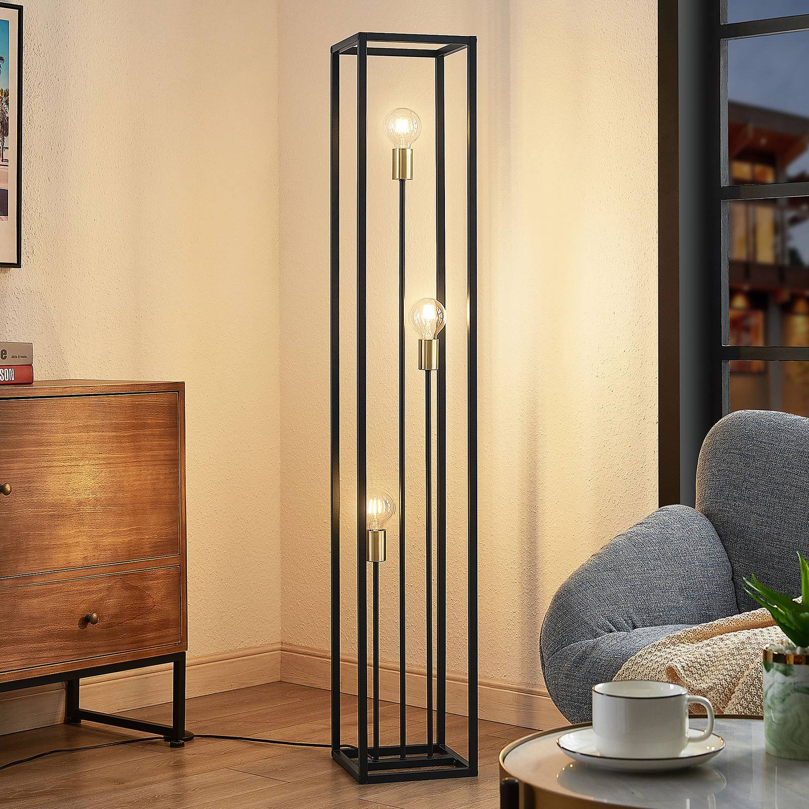 Lindby Tiliane cage floor lamp, black, 3bulb Lights.co.uk