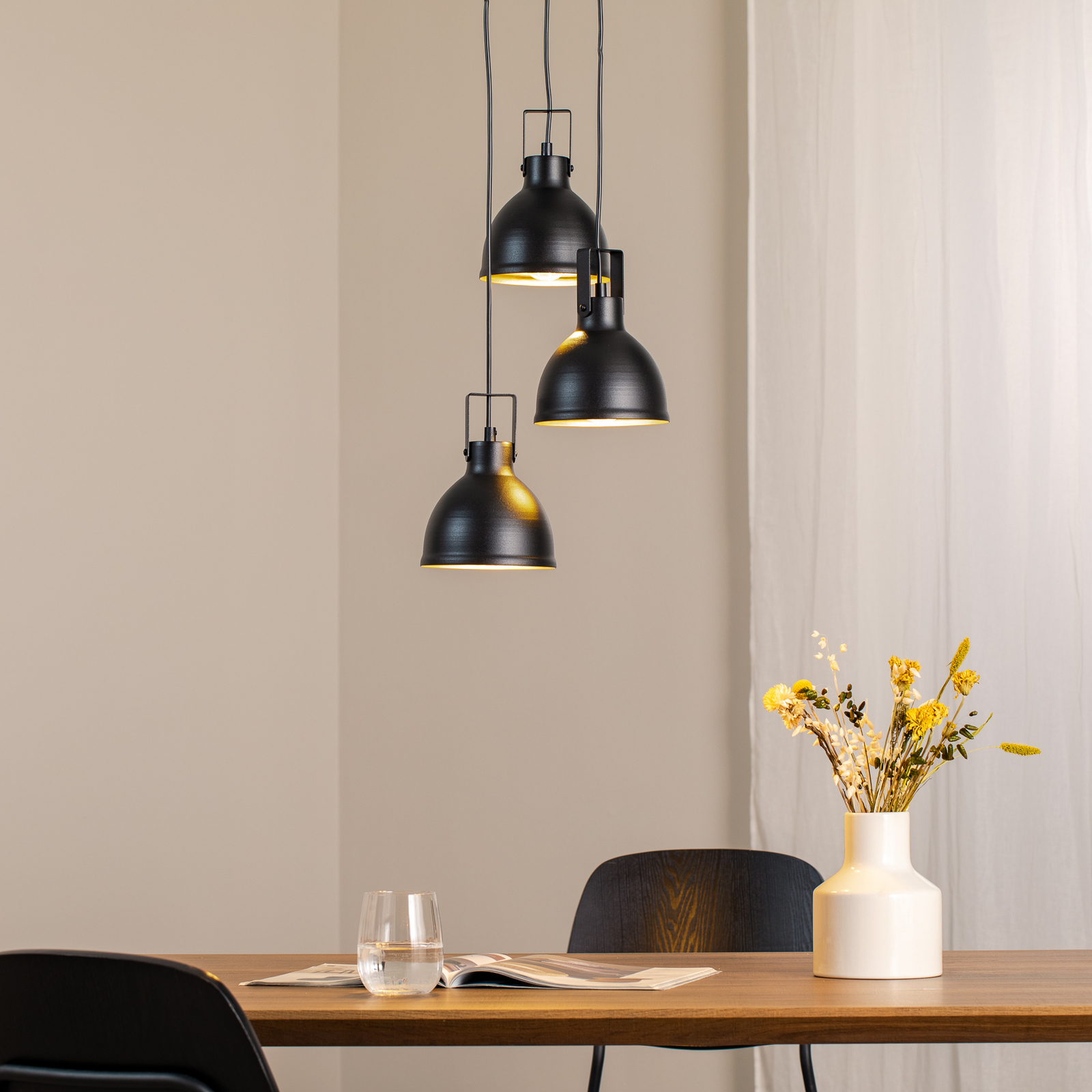 Hanglamp Trial, 3-lamps rond zwart/goud