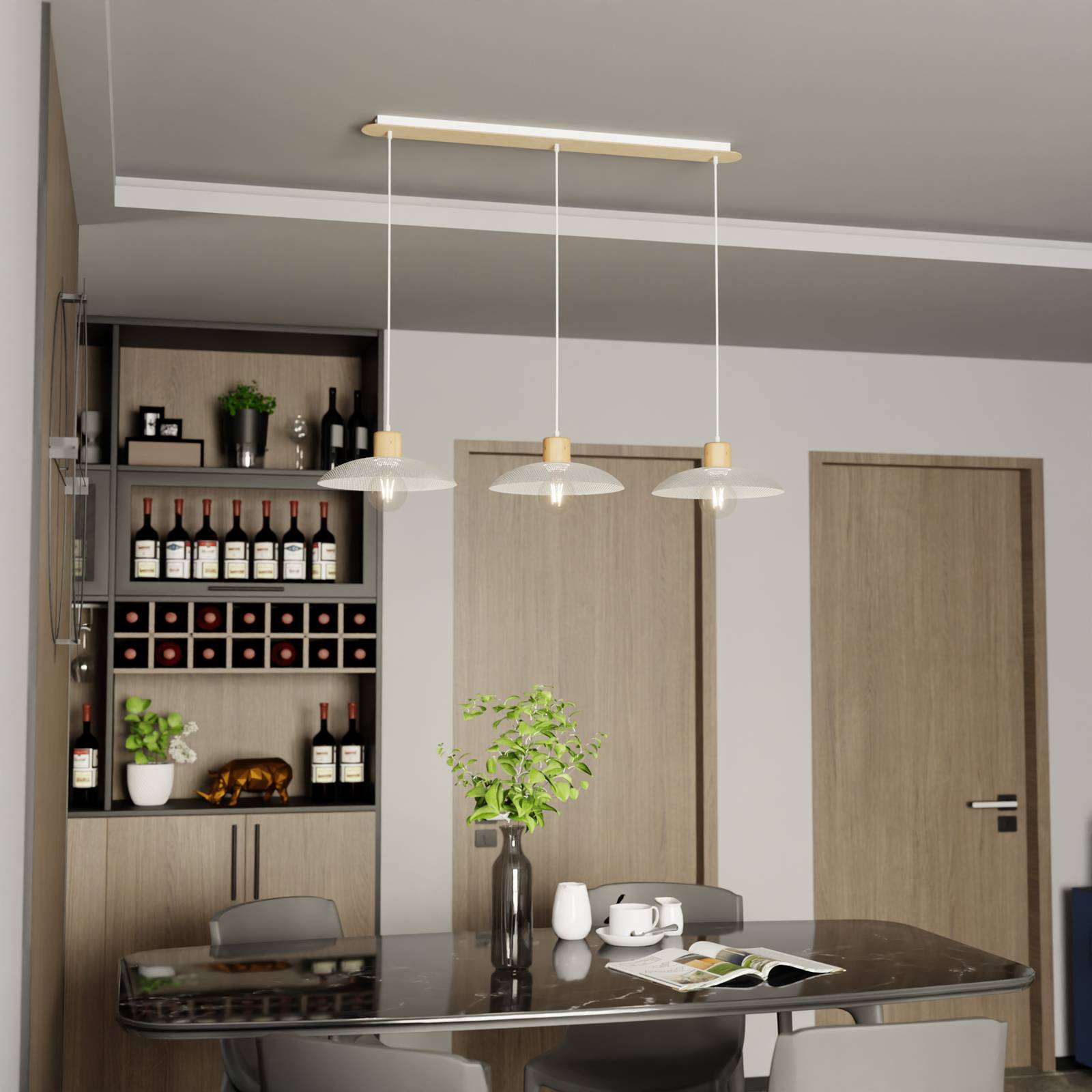 Lampa wisząca Kobe, 3-punktowa, stal, drewno, biały