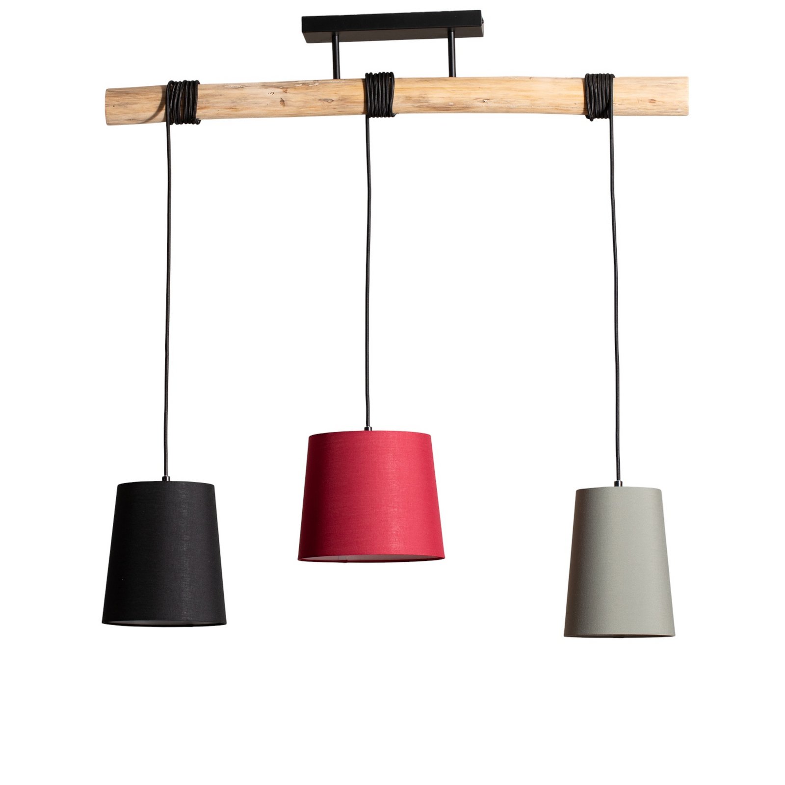 Lindby Amilia hanging light, fabric, 3-bulb, red/grey/black
