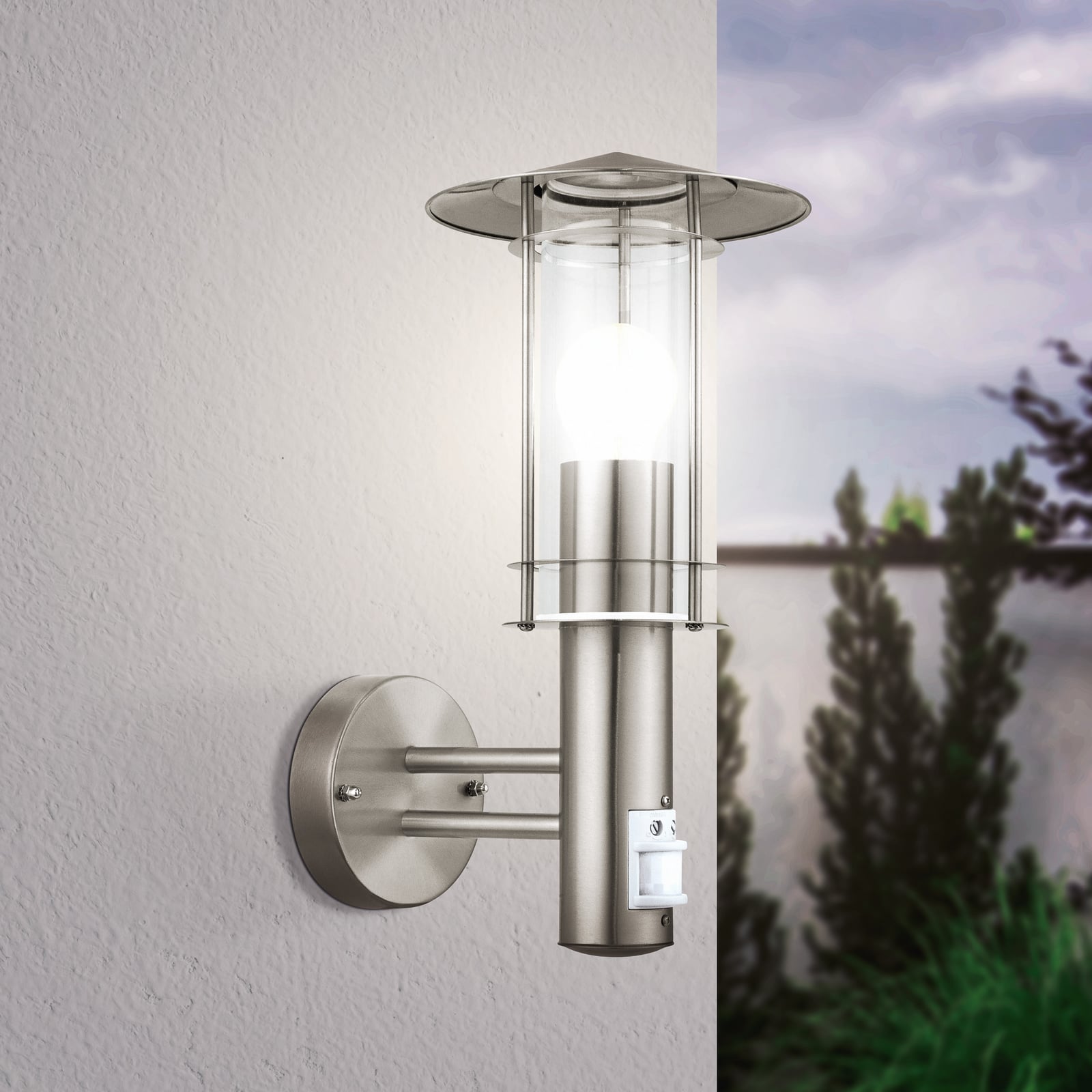 Buitenwandlamp Lisio, roestvrij staalkleurig, hoogte 30 cm, sensor