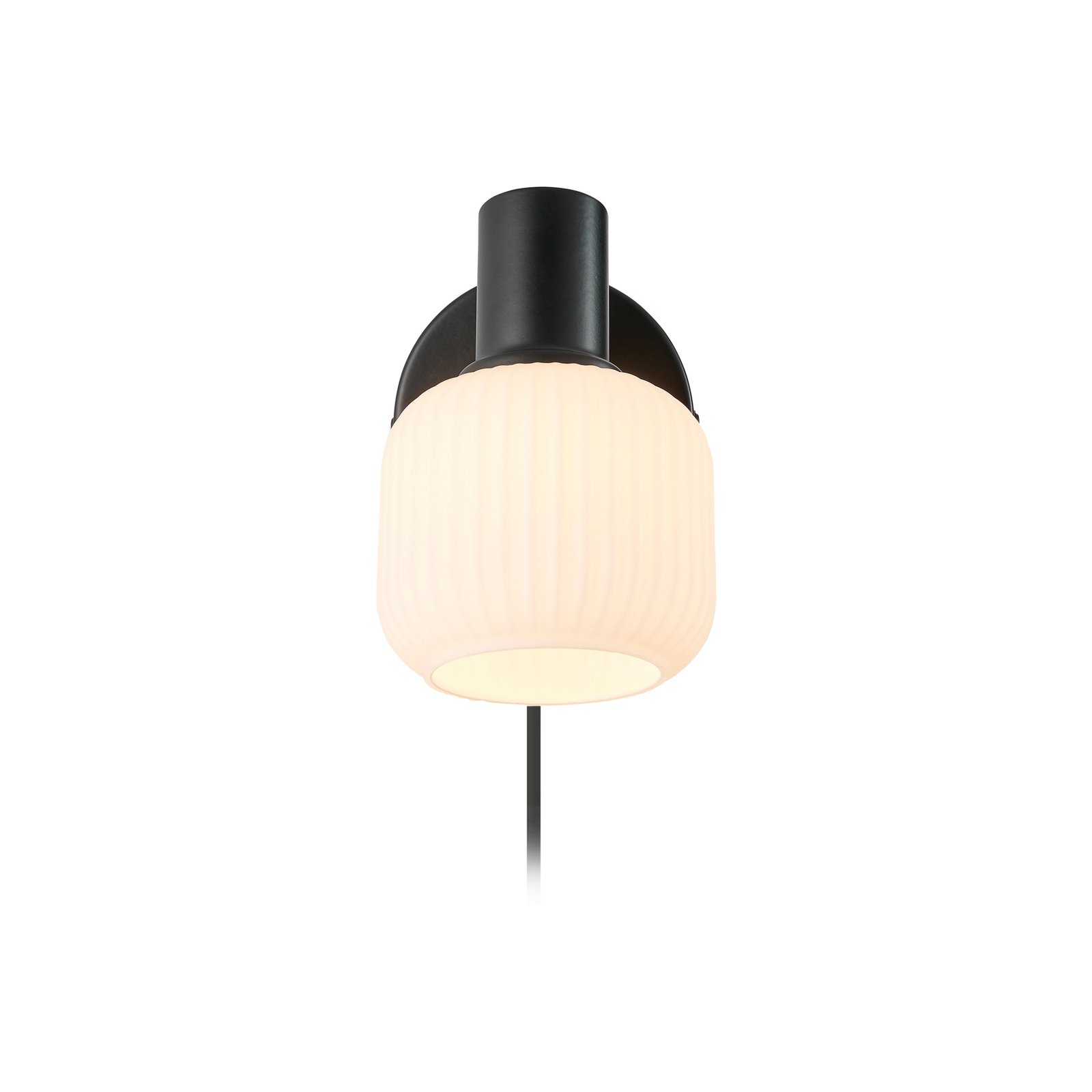 Milford Mini wandlamp, zwart, geribbeld glas, met stekker