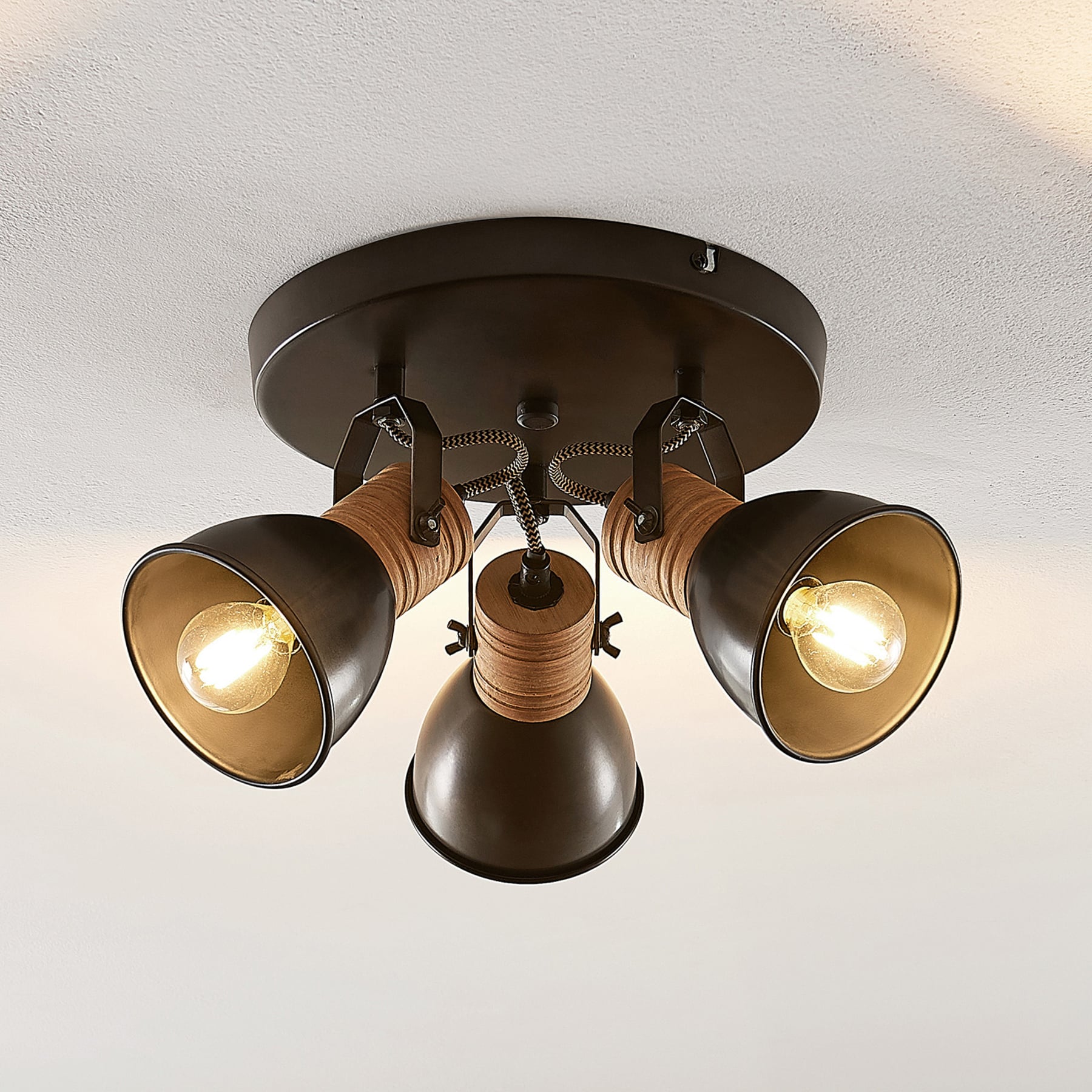 Lindby Arina ceiling light, round, wood, 3-bulb, for Living / Dining Room, metal, plywood, E14, 40 W, energy efficiency: A++, H: 22.5 cm