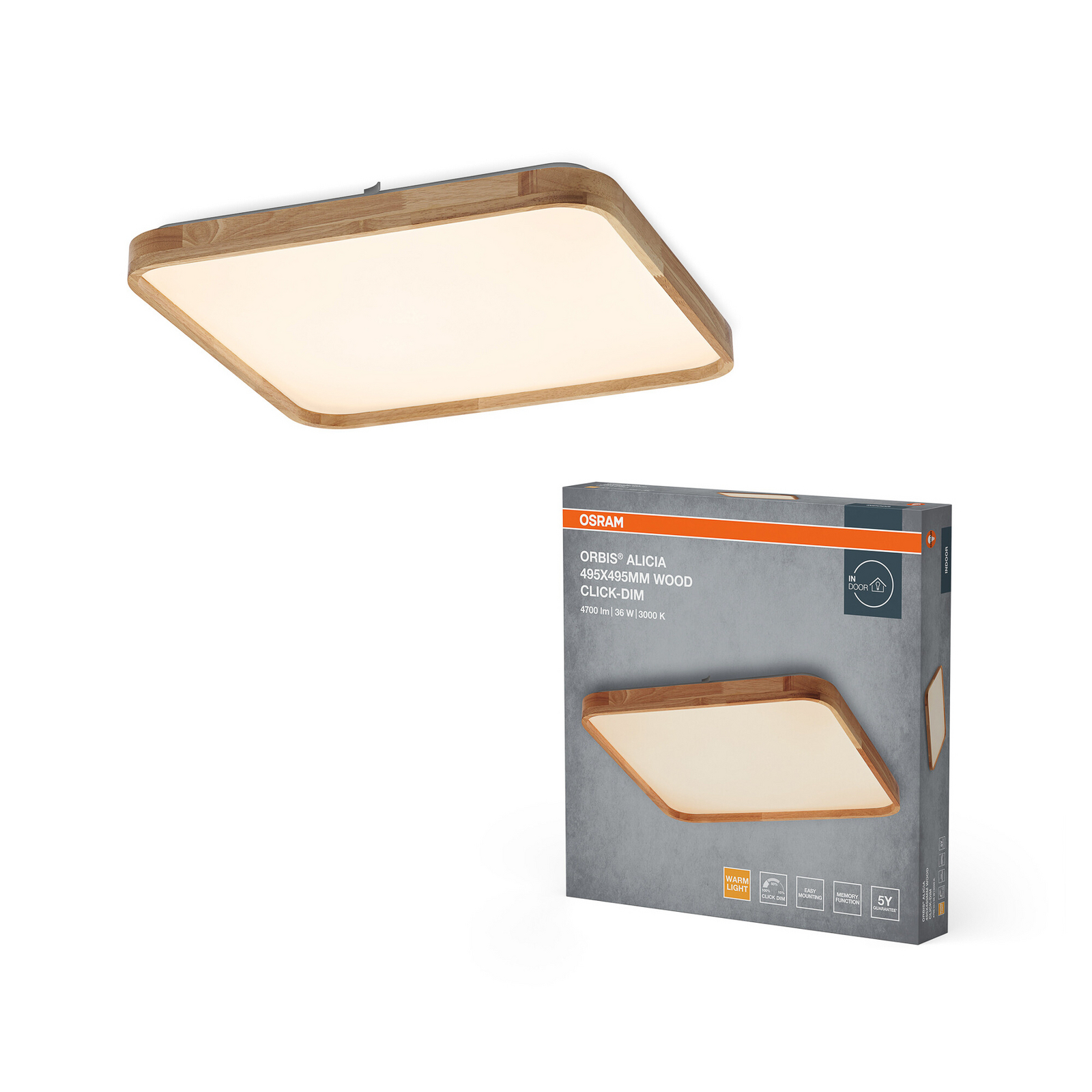 Φωτιστικό οροφής LED OSRAM ORBIS ALICIA, 50 x 50 εκ., ξύλο, clickdim Φωτιστικό οροφής LED OSRAM ORBIS ALICIA, 50 x 50 εκ., ξύλο, clickdim
