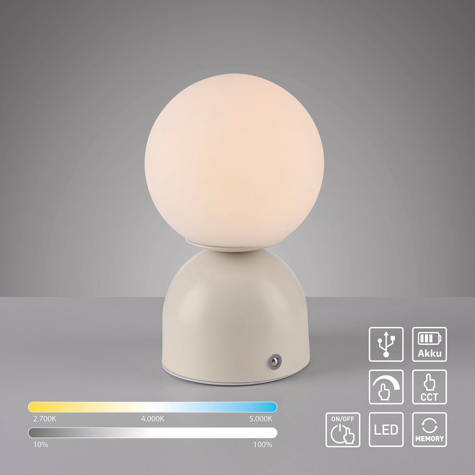LED-akutoitega laualamp RUDI, beež, kõrgus 20 cm, CCT, puutetundlik hämardus