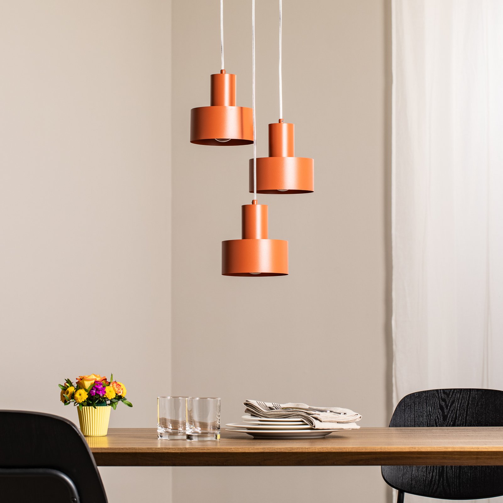 Rif 3 pendant light, brick red, round, 3-bulb, Ø 33 cm
