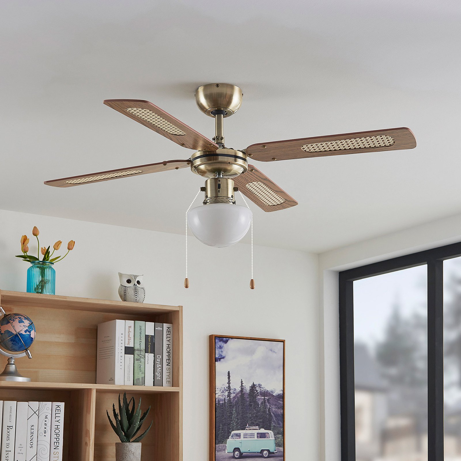 Lindby Rakan ceiling fan, wood, brass