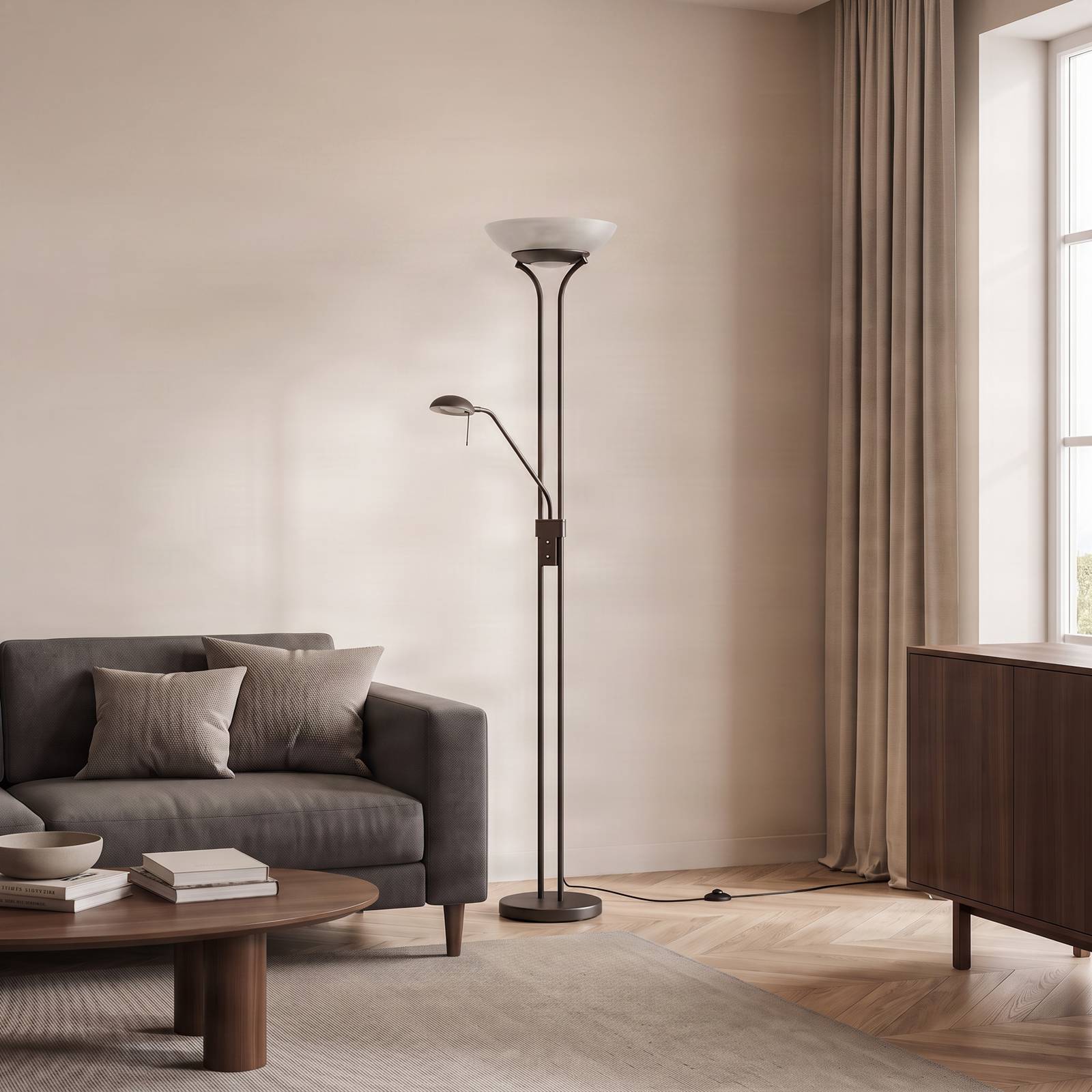 Lampa stojąca LED Lindby Yveta, w kolorze rdzy, lampka do czytania, ściemniana
