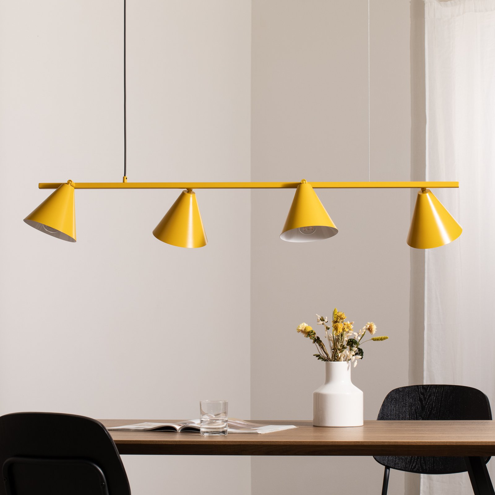 Suspension forme 4, jaune, métal, à 4 lampes, cône, E27