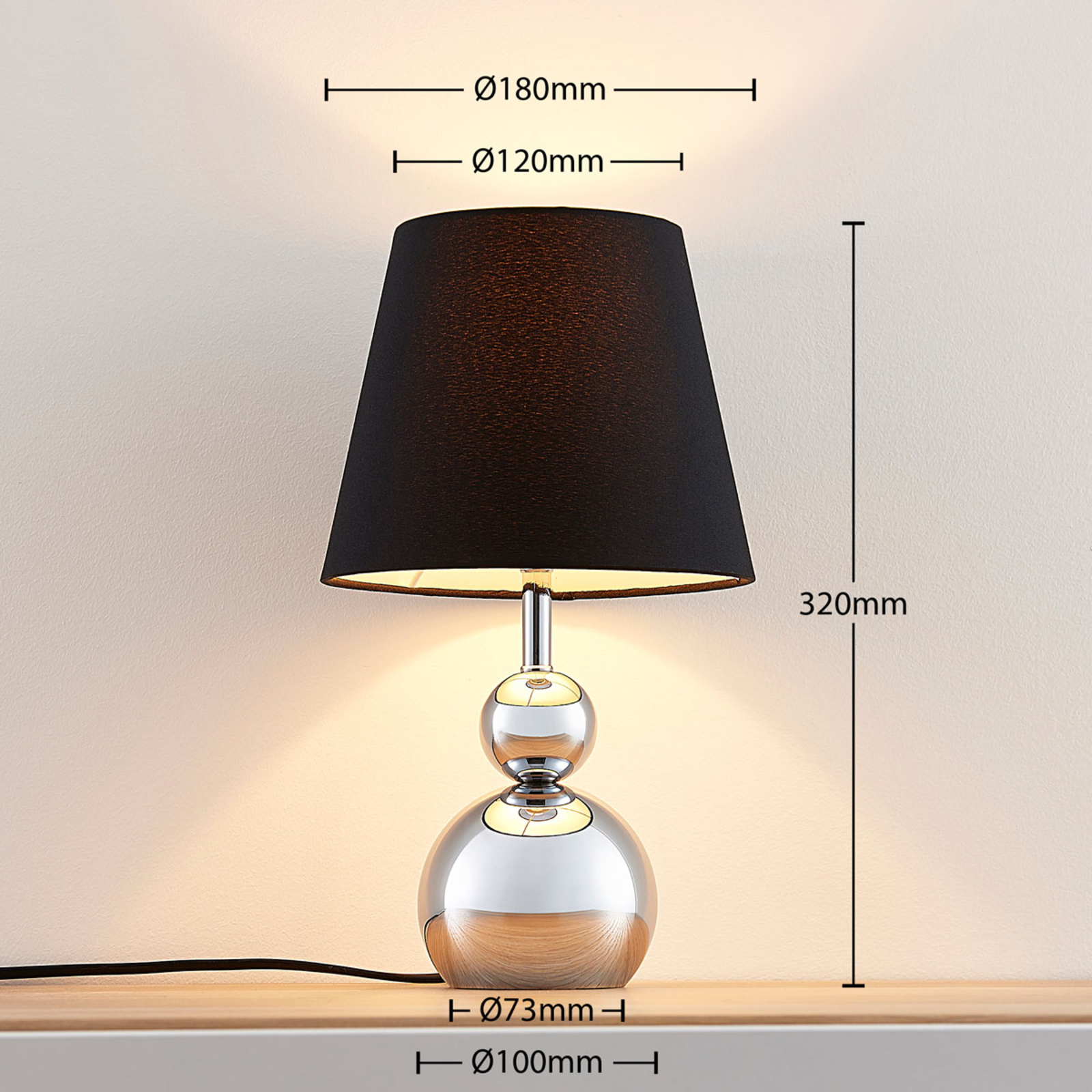 Chromowana lampa stołowa Andor z tkaniny, czarna