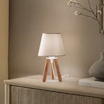 Lampa stołowa Dona, beżowa/kolor drewna, tkanina, drewno, trójnóg