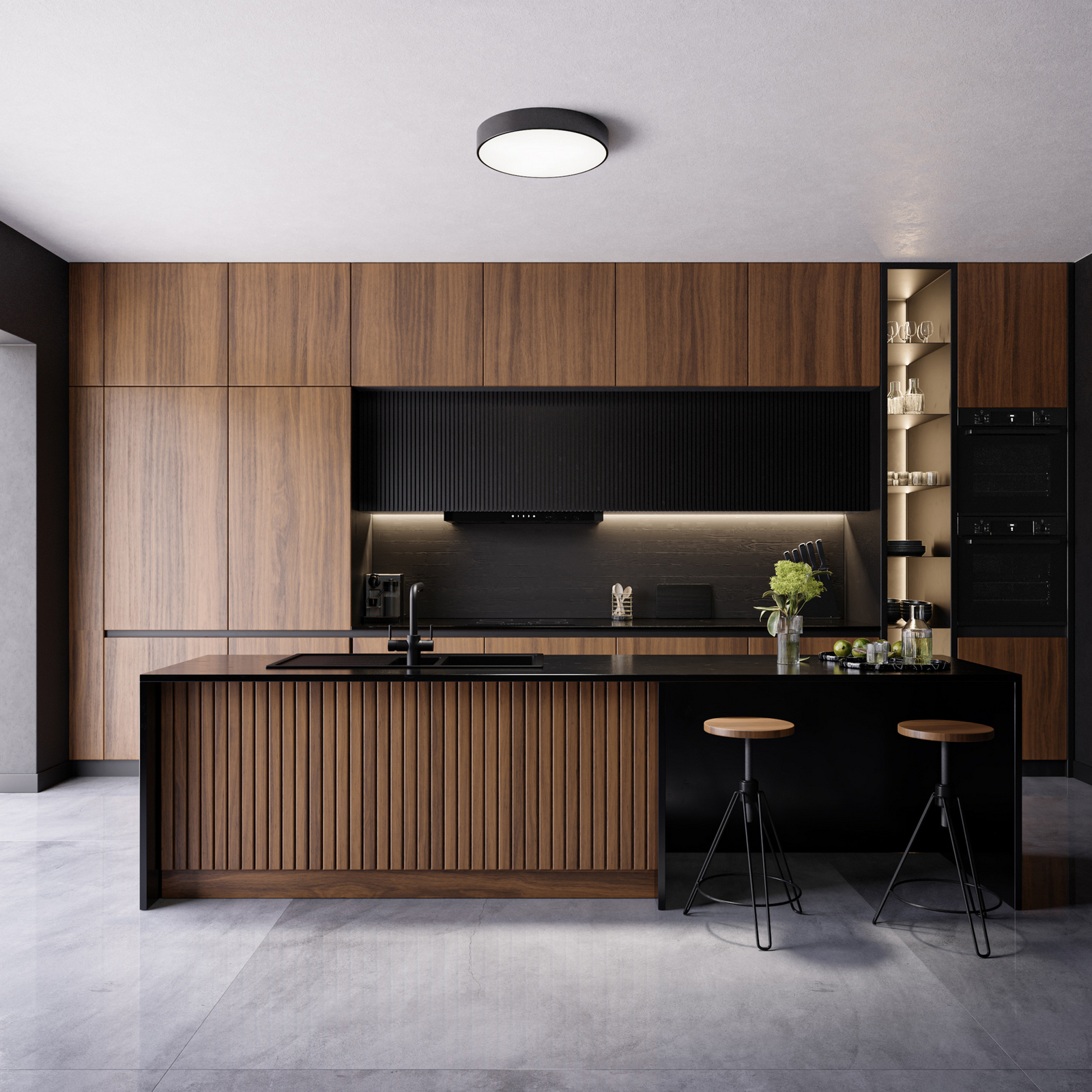 Candeeiro de teto Cleo, Ø 50 cm, IP54, preto, metal, E27 Candeeiro de teto Cleo, Ø 50 cm, IP54, preto, metal, E27